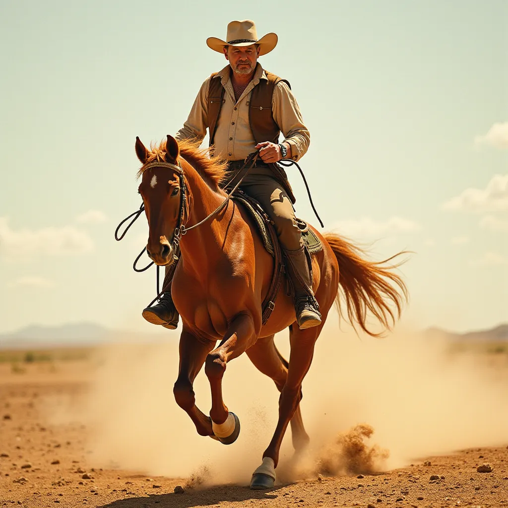 A middle-aged man, clad in a tattered cowboy hat and sun-bleached attire, confidently straddling a powerful chestnut stallion as it gallops at breakneck speed across the dusty plains under the searing afternoon sun. The pair moves in perfect synchrony as the man holds on firmly to the reins, with his eyes strictly set on the distant horizon. A fascinating sense of freedom and courage can be felt as he thrusts forward, leaving a cloud of dust trailing behind them, a stunning testament to human-animal companionship.
 in the style of TOK a trtcrd tarot style