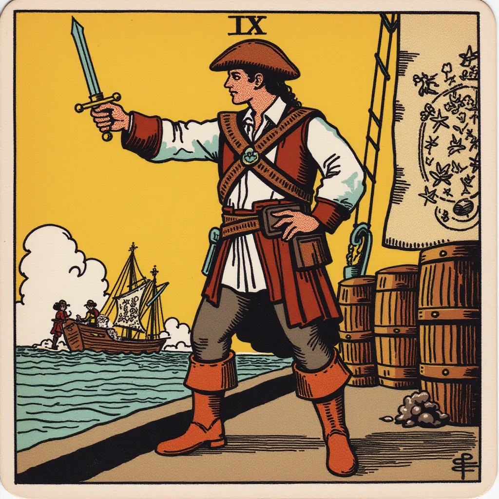 A determined pirate quartermaster standing on the deck, pointing towards a treasure map with one hand while holding a sword in the other. Dressed in a leather vest, belt with pistols, and sturdy boots. The expression is assertive and calculating, showing leadership qualities. The background features barrels of supplies and crew members working a weist-up image in the style of TOK a trtcrd tarot style