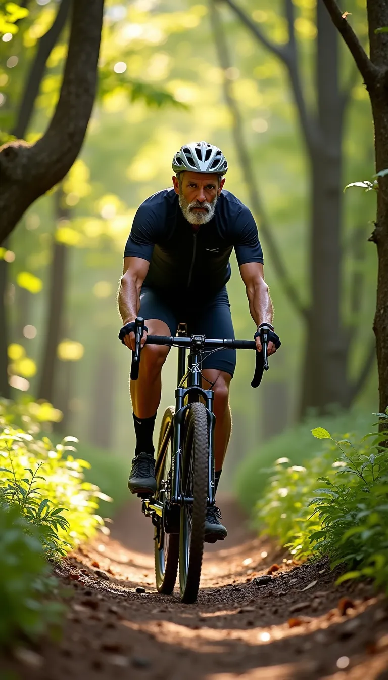 A middle-aged man, with salt and pepper hair, decked out in cycling gear, expertly maneuvering a sleek, high-performance mountain bike along a narrow, winding dirt trail in the heart of a densely forested area. The cool, crisp morning air filled his lungs as the sunlight filtered through the leafy canopy above, creating enchanting patterns on the path ahead, making each turn a delight. His determined expression revealed the inner strength pushing him forward as his muscles strained, powering through the challenging terrain. His adventurous spirit seems apparent in the way his eyes sparkled, savoring the thrill with each pedal of his journey.