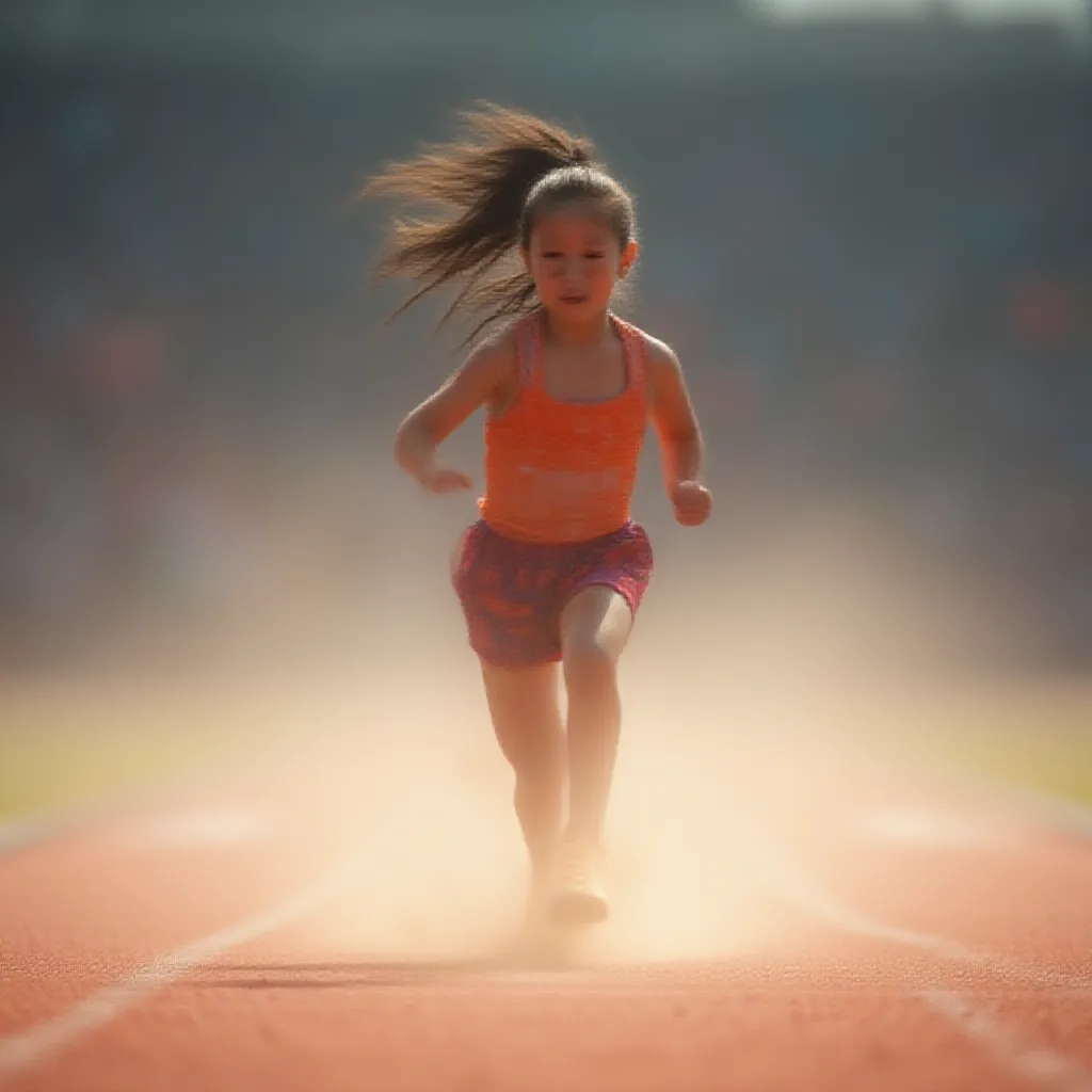 A young girl energetically running on a well-trodden athletic track, her ponytail swaying rhythmically with each stride she takes. The roar of the crowd around the arena fades into a subtle hum as she focuses on the finish line just meters away. Dressed in a vibrant running attire, and her feet clad in neon running shoes, she kicks up a flurry of dust as she pushes forward on the gravel track, her determined face reflecting the intense passion she holds for the sport.