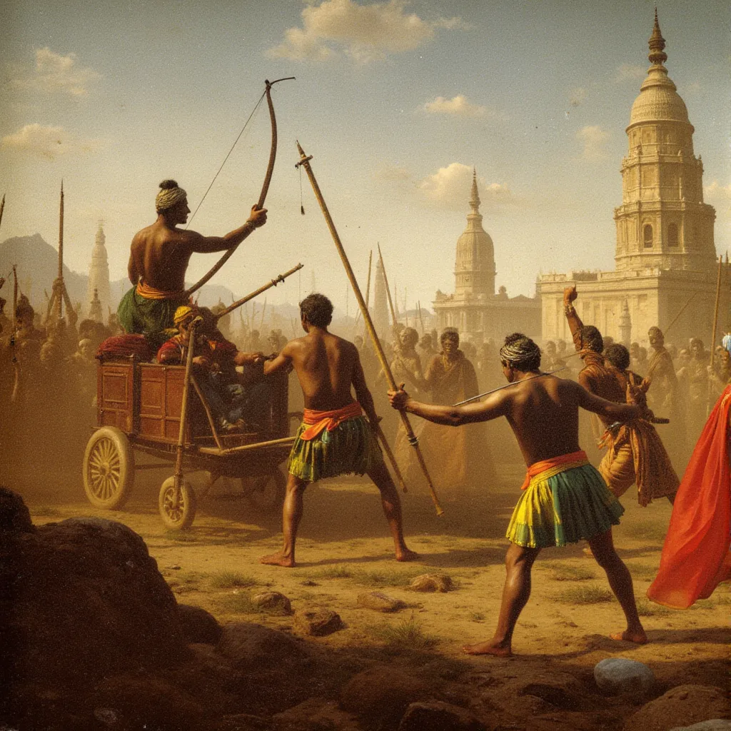 A descriptive image of Shree Krishna and Arjuna during the epic Mahabharata war. The image presents a vivid scene where Shree Krishna is in charge of steering the chariot, or 'rath', with utmost agility and mastery. Seated at the front of the 'rath', He exhibits a calm and fearless demeanor. Meanwhile, Arjuna, the archer prince, stands tall at the back of the chariot. He is captured in the midst of a ferocious fight against his adversaries, the Kauravas. The intensity of battle and the stalwart camaraderie between Shree Krishna and Arjuna are the main highlights of the image, echoing the iconic Bhagavad Gita scene. Arjuna, filled with determined valor, is completely engrossed in the war, showcasing his exceptional archery skills, while Krishna balances the momentum guiding the chariot through the war chaos.
