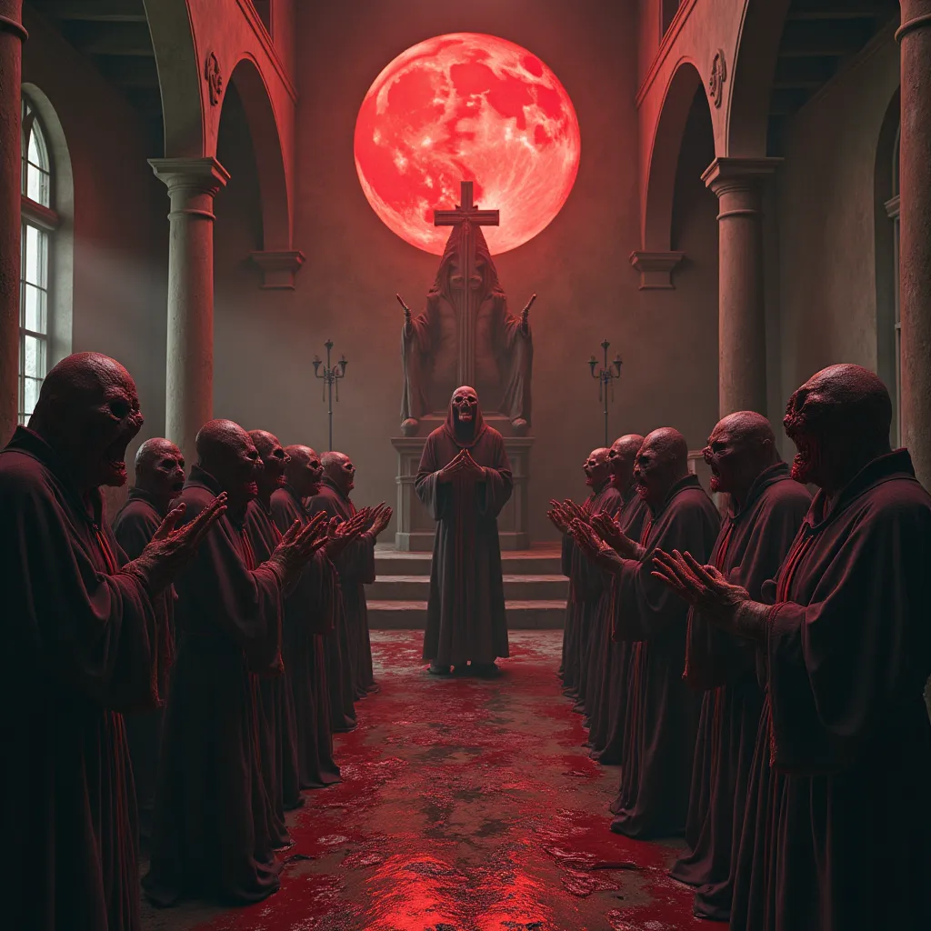 A nightmarish, decayed church filled with grotesque, demonic statues covered in blood. A priest with hollow, bleeding eyes stands at the altar, surrounded by robed figures chanting in an ancient, unknown language as a blood moon hangs directly overhead, casting everything in a red hue.