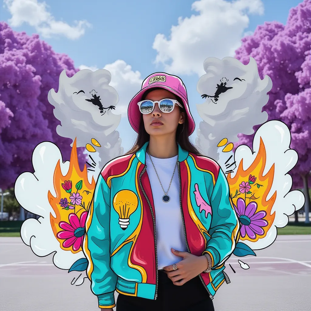 In the style of TOK, a photo editorial dramatic action pose of a person with mirrored lenses with creative bucket hat, standing in Tokyo with large marble structures and white purple trees in a Basketball court, with a vibrant illustrated street wear puffy architectural leather jacket surrounded by illustrations of smoke, flames, birds, and flowers, fog, exclamation mark, lines shooting outwards, ascii characters