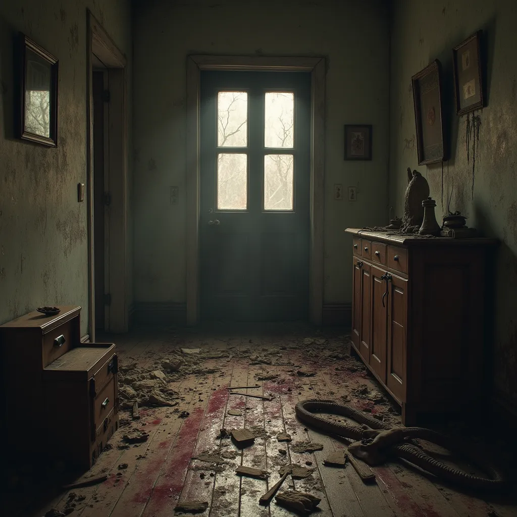 You’re locked in the attic, surrounded by the remains of past victims—faded photographs and blood-stained clothes. The air is thick with the smell of decay. Outside, Diana scratches at the door, her long, claw-like fingers leaving trails of blood as she whispers promises of torment. You can hear her heart-wrenching sobs, but you know it’s just a ruse to lure you out.
