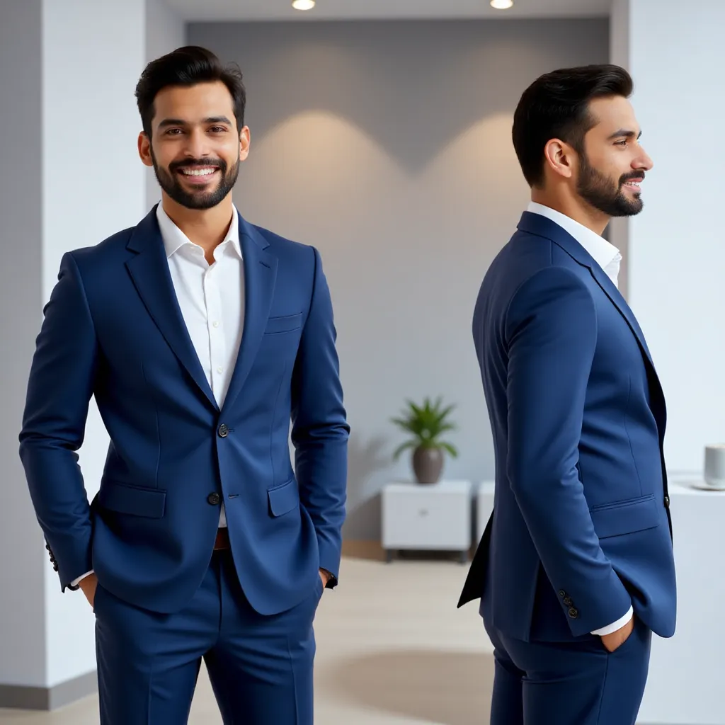 A professional Indian man in his 30s, with a well-groomed beard and short black hair, wearing a formal business suit (navy blue blazer, white shirt, no tie), standing confidently in an office environment. He has a warm, approachable expression. Generate 4 images showing different angles: front view, side view, 3/4 view, and back view. Clean background with soft natural lighting.