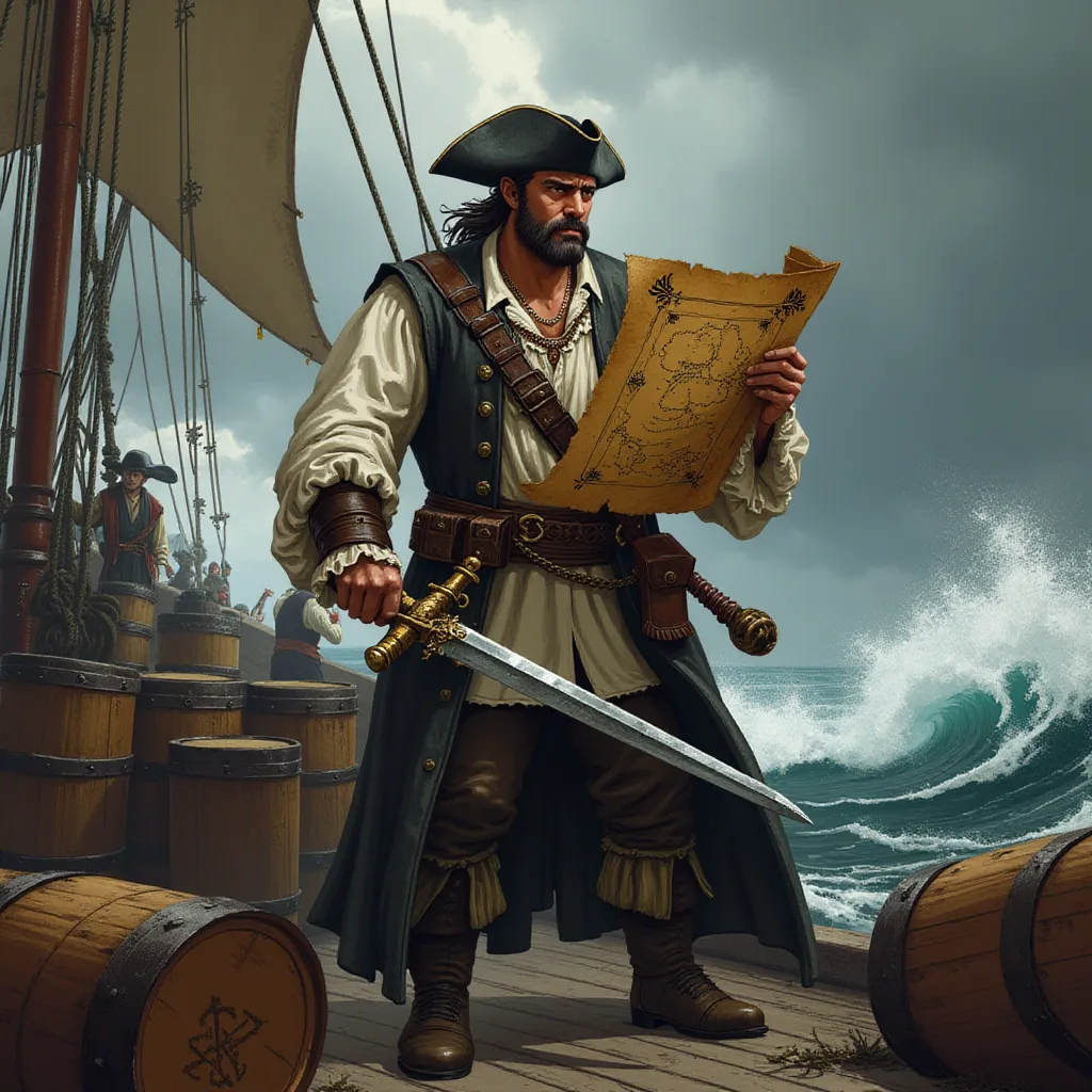 Standing resolute on the deck of his ship, amidst the uproar of the lashing seas, is a determined pirate quartermaster. His stance firm against the ship's swaying motion, his gaze unwavering, striking a commanding silhouette against the backdrop of the gloomy, storm-laden sky. In his broad, calloused hand, he tightly clutches a weathered and worn parchment - a treasure map, filled with cryptic symbols and old markings.

Artfully crafted, his outfit is the perfect blend of function and flair. He's dressed in an aged leather vest, its dark, rich hue telling tales of countless voyages and battles fought. It's worn atop a billowing white shirt, their stark contrast speaking of his persona as a formidable being. Strapped around his waist is a sturdy belt with couple of loaded antique flintlock pistols, ready to defend his crew and treasure at any moment's notice. His feet are enshrined in sturdy boots, hardened by countless miles traversed on both land and sea.

In his other hand, he firmly grips a gleaming sword, its blade reflecting the muted light beneath the stormy sky, subtly revealing the countless battles it has partaken in. His expression is a powerful blend of assertiveness and calculations, the furrowed eyebrows and set jawline echoing his unspoken leadership qualities. 

The background is a bustling scene of life on the ship. Barrels of supplies, suggesting a fresh load ready for mysterious journeys, are haphazardly stacked across the deck. A smattering of his trustworthy team, the obedient crew members, are seen in into the scene. They are lost in dedicated work, hauling ropes, adjusting sails, following the deft instructions of their quartermaster. It's an up-close shoulder to level image, the view only revealing the resilient spirit of the crew while leaving the remainder to the viewer's imagination. in the style of TOK a trtcrd tarot style