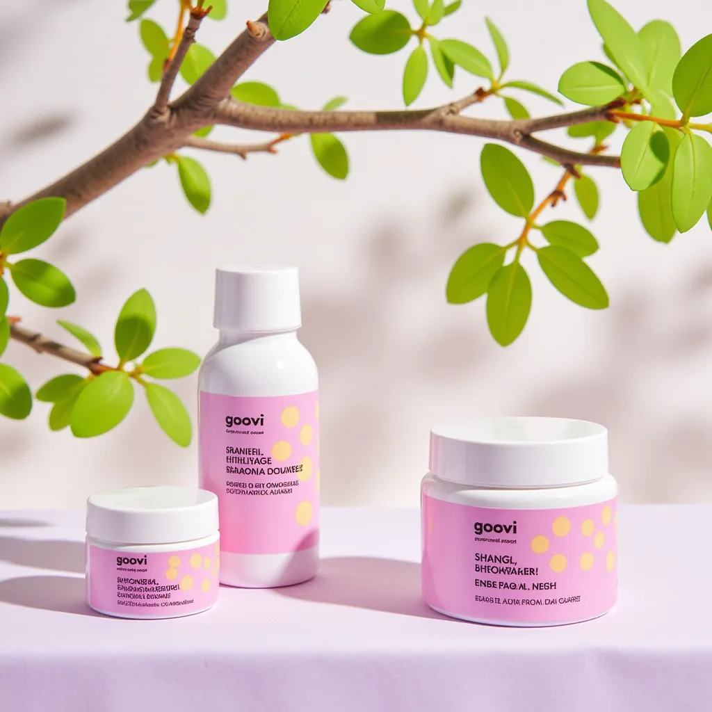 GOOVI skincare products surrounded by cherry blossoms and fresh green leaves, on a pastel-colored cloth, with soft sunlight emphasizing the freshness of spring.