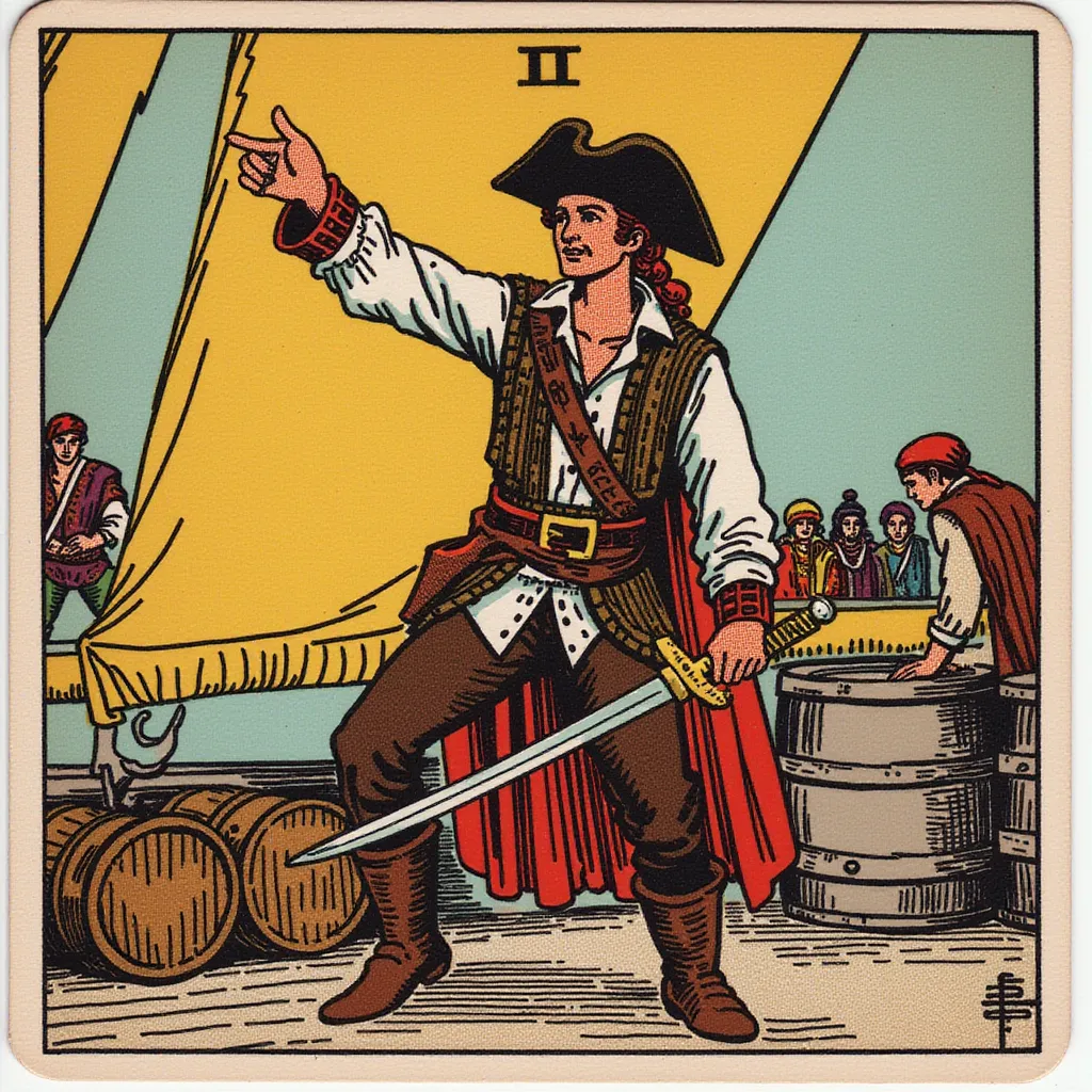 A determined pirate quartermaster standing on the deck, pointing towards a treasure map with one hand while holding a sword in the other. Dressed in a leather vest, belt with pistols, and sturdy boots. The expression is assertive and calculating, showing leadership qualities. The background features barrels of supplies and crew members working in the style of TOK a trtcrd tarot style