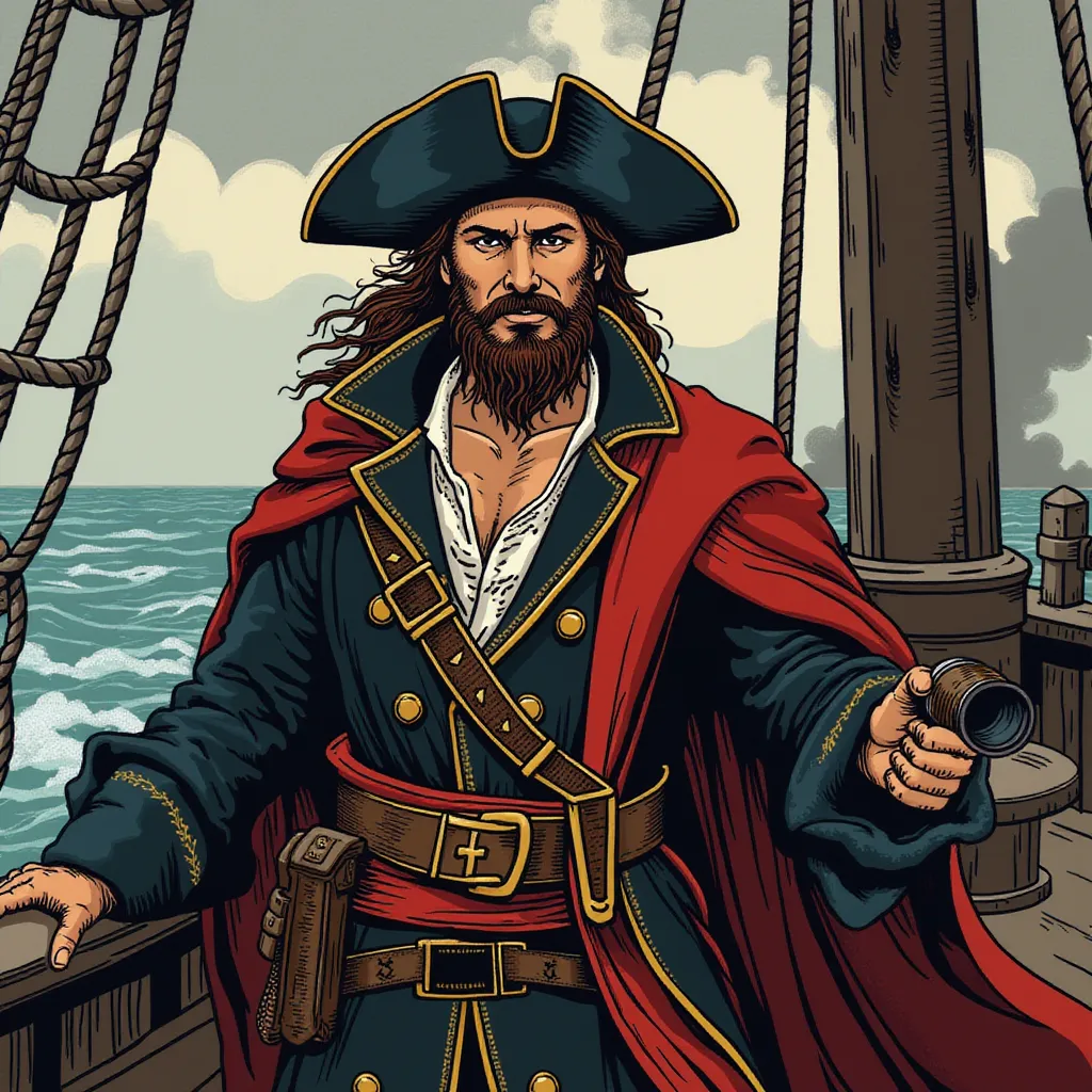 A confident pirate captain, waist-up, standing on the deck of an old wooden ship. Wearing a traditional tricorn hat and holding a spyglass in one hand, the captain has a stern yet charismatic expression. A rugged beard and a long coat with intricate details fluttering slightly in the sea breeze. The background hints at ocean waves and a brewing storm on the horizon, with dramatic lighting highlighting the captain's determined gaze. Flux style. in the style of TOK a trtcrd tarot style