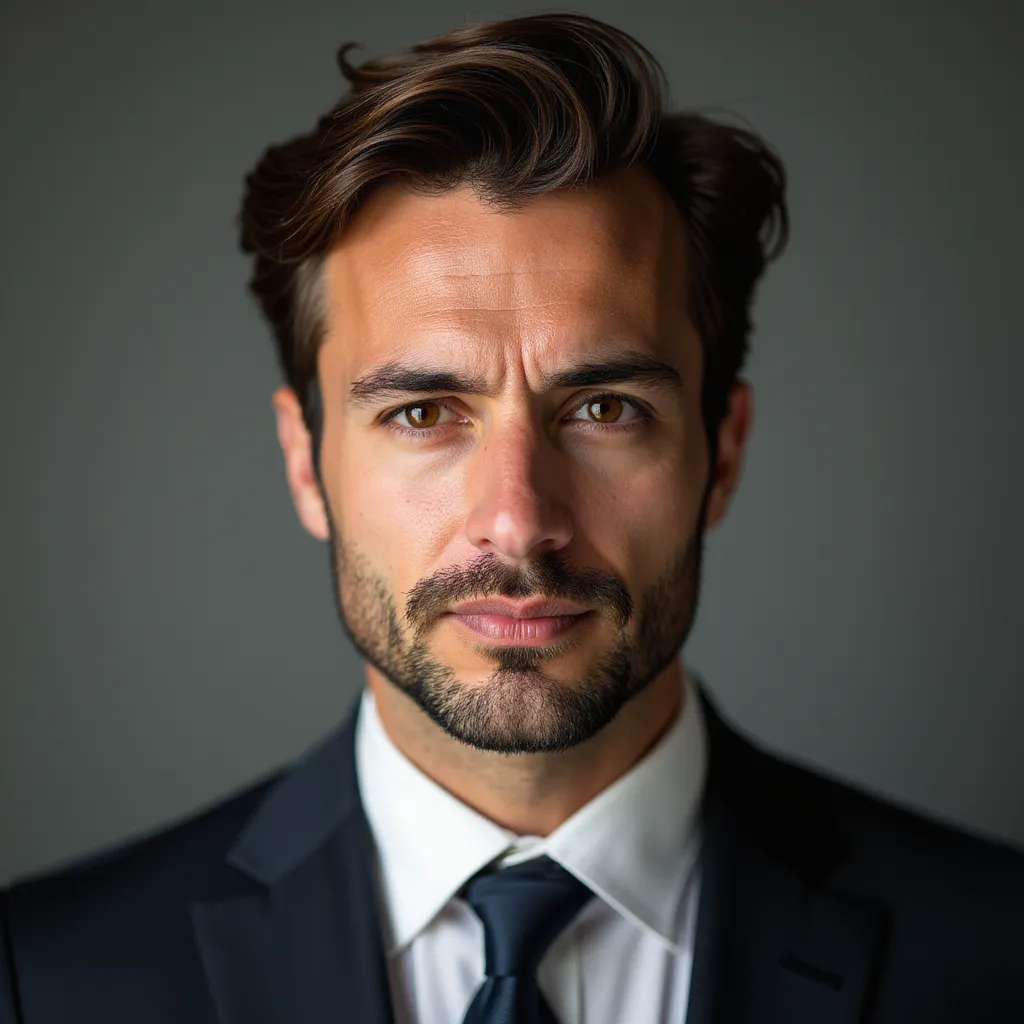Using the provided image of a face, please generate an image of a professional businessman. Consider enhancing the overall suave by adding a suit and tie. Effectively integrate these elements whilst maintaining the realistic look of the image. The desired output should visually communicate the distinct persona of a corporate business individual, projecting seriousness, elegance, and sophistication which are usually associated with an experienced corporate professional. Please ensure the authenticity and quality of the image enhancement is top-notch to capture the essence of a professional businessman. in the style of TOK a trtcrd tarot style