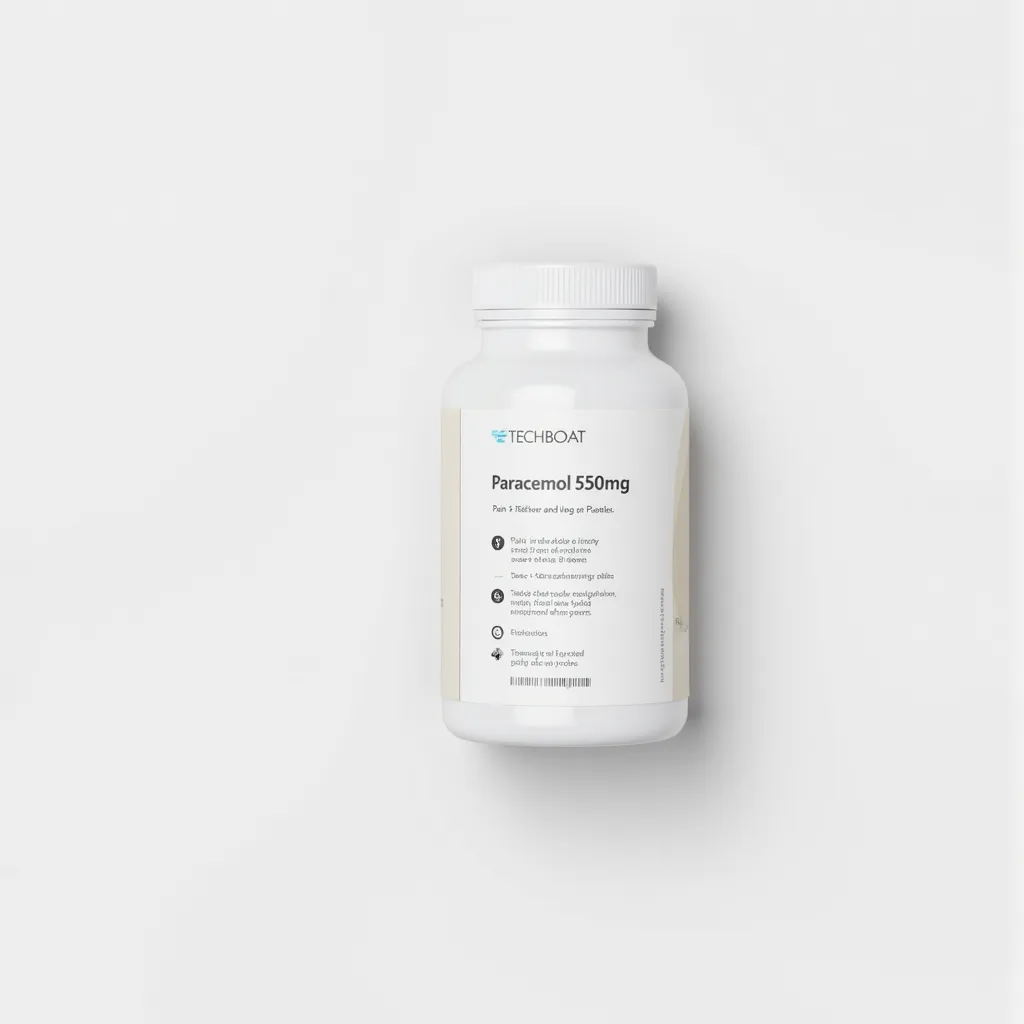 A sleek medical supplement bottle for paracetamol on a white background. The bottle features the text logo 'TECHBOAT' at the top in a clean font. The label includes clear and detailed information: 'Paracetamol 550mg' prominently displayed, followed by 'Pain Reliever and Fever Reducer.' Dosage instructions such as 'Take 1-2 tablets every 6 hours as needed. Do not exceed 8 tablets in 24 hours.' Warnings like 'Keep out of reach of children,' 'Consult a doctor if symptoms persist,' and 'Do not use with other acetaminophen products.' Additional details include storage instructions, 'Store in a cool, dry place,' and a barcode at the bottom. The design is minimalistic with a white and subtle accent color scheme. Soft lighting highlights the bottle, giving it a professional and premium look and label text should be clear in flmft style