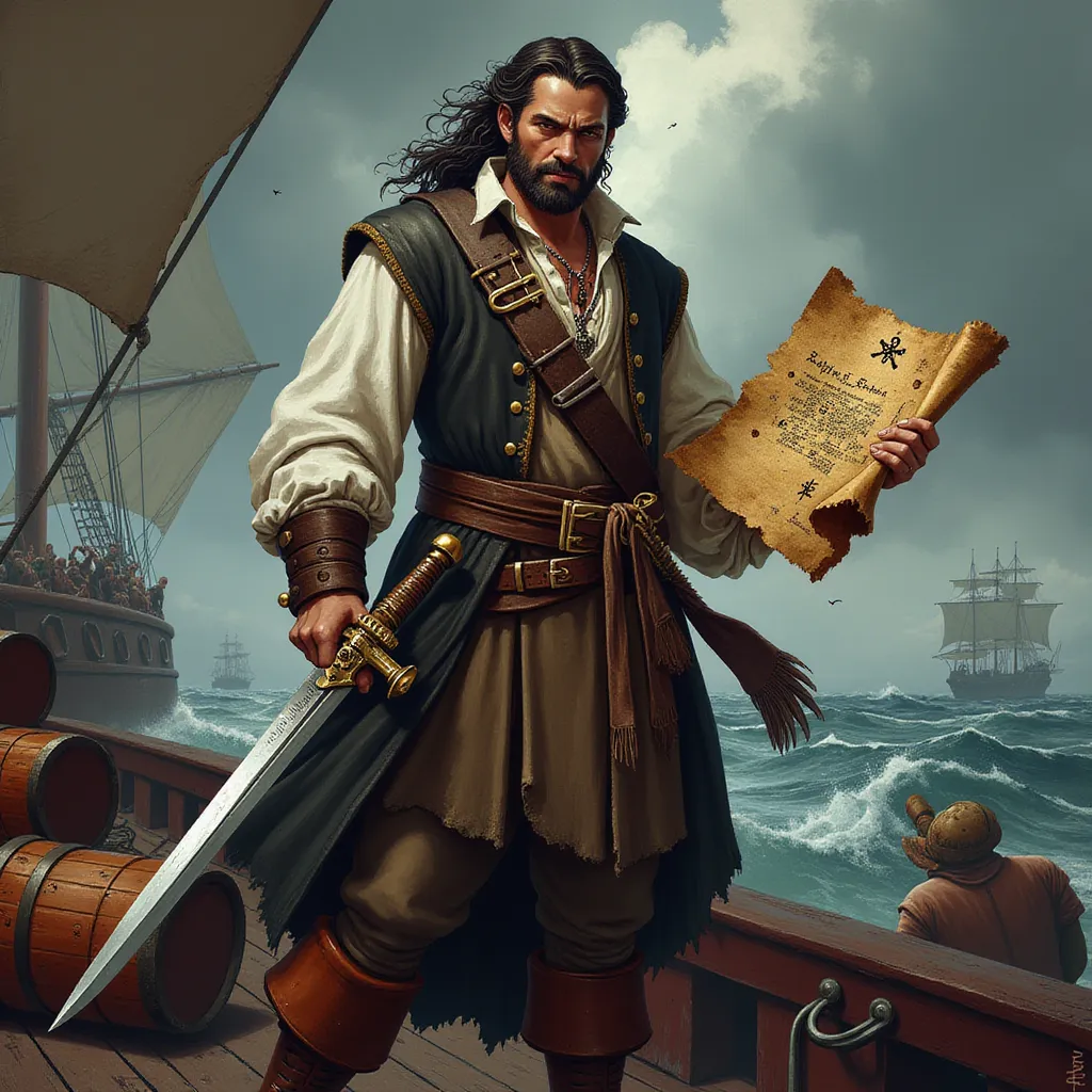 Standing resolute on the deck of his ship, amidst the uproar of the lashing seas, is a determined pirate quartermaster. His stance firm against the ship's swaying motion, his gaze unwavering, striking a commanding silhouette against the backdrop of the gloomy, storm-laden sky. In his broad, calloused hand, he tightly clutches a weathered and worn parchment - a treasure map, filled with cryptic symbols and old markings.

Artfully crafted, his outfit is the perfect blend of function and flair. He's dressed in an aged leather vest, its dark, rich hue telling tales of countless voyages and battles fought. It's worn atop a billowing white shirt, their stark contrast speaking of his persona as a formidable being. Strapped around his waist is a sturdy belt with couple of loaded antique flintlock pistols, ready to defend his crew and treasure at any moment's notice. His feet are enshrined in sturdy boots, hardened by countless miles traversed on both land and sea.

In his other hand, he firmly grips a gleaming sword, its blade reflecting the muted light beneath the stormy sky, subtly revealing the countless battles it has partaken in. His expression is a powerful blend of assertiveness and calculations, the furrowed eyebrows and set jawline echoing his unspoken leadership qualities. 

The background is a bustling scene of life on the ship. Barrels of supplies, suggesting a fresh load ready for mysterious journeys, are haphazardly stacked across the deck. A smattering of his trustworthy team, the obedient crew members, are seen in into the scene. They are lost in dedicated work, hauling ropes, adjusting sails, following the deft instructions of their quartermaster. It's an up-close shoulder to level image, the view only revealing the resilient spirit of the crew while leaving the remainder to the viewer's imagination. in the style of TOK a trtcrd tarot style
