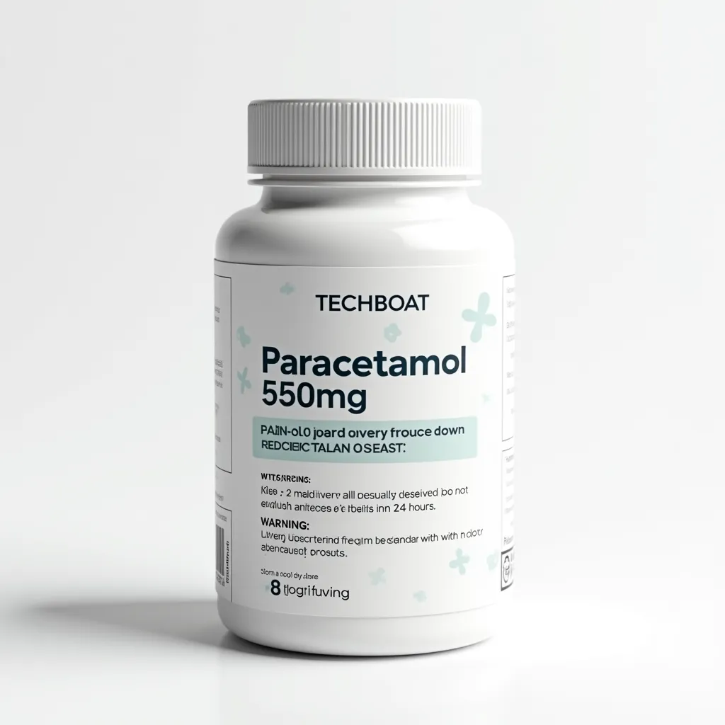 A sleek medical supplement bottle for paracetamol on a white background. The bottle features the text logo 'TECHBOAT' at the top in a clean font. The label includes clear and detailed information: 'Paracetamol 550mg' prominently displayed, followed by 'Pain Reliever and Fever Reducer.' Dosage instructions such as 'Take 1-2 tablets every 6 hours as needed. Do not exceed 8 tablets in 24 hours.' Warnings like 'Keep out of reach of children,' 'Consult a doctor if symptoms persist,' and 'Do not use with other acetaminophen products.' Additional details include storage instructions, 'Store in a cool, dry place,' and a barcode at the bottom. The design is minimalistic with a white and subtle accent color scheme. Soft lighting highlights the bottle, giving it a professional and premium look and label text should be clear
