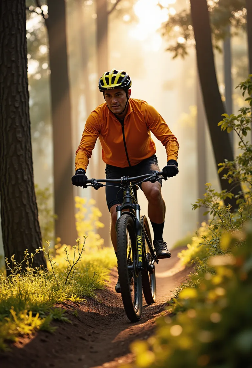 A middle-aged man dressed in a bright cycling suit is riding a mountain bike through a densely wooded trail. The striking sunlight filtering through the towering trees casting long, streaky shadows over him. He is wearing protective gear - a sturdy helmet, knee and elbow pads, and a pair of gloves. Through the winding path, he maneuvers skillfully, his intense focus mirrored in his determined eyes. The fantastically cool wind blusters against his face, making his cycling experience adventurous and exhilarating. His muscular legs pedal rhythmically, each revolution synonymous with the racing pace of his heart. in the style of TOK a trtcrd tarot style