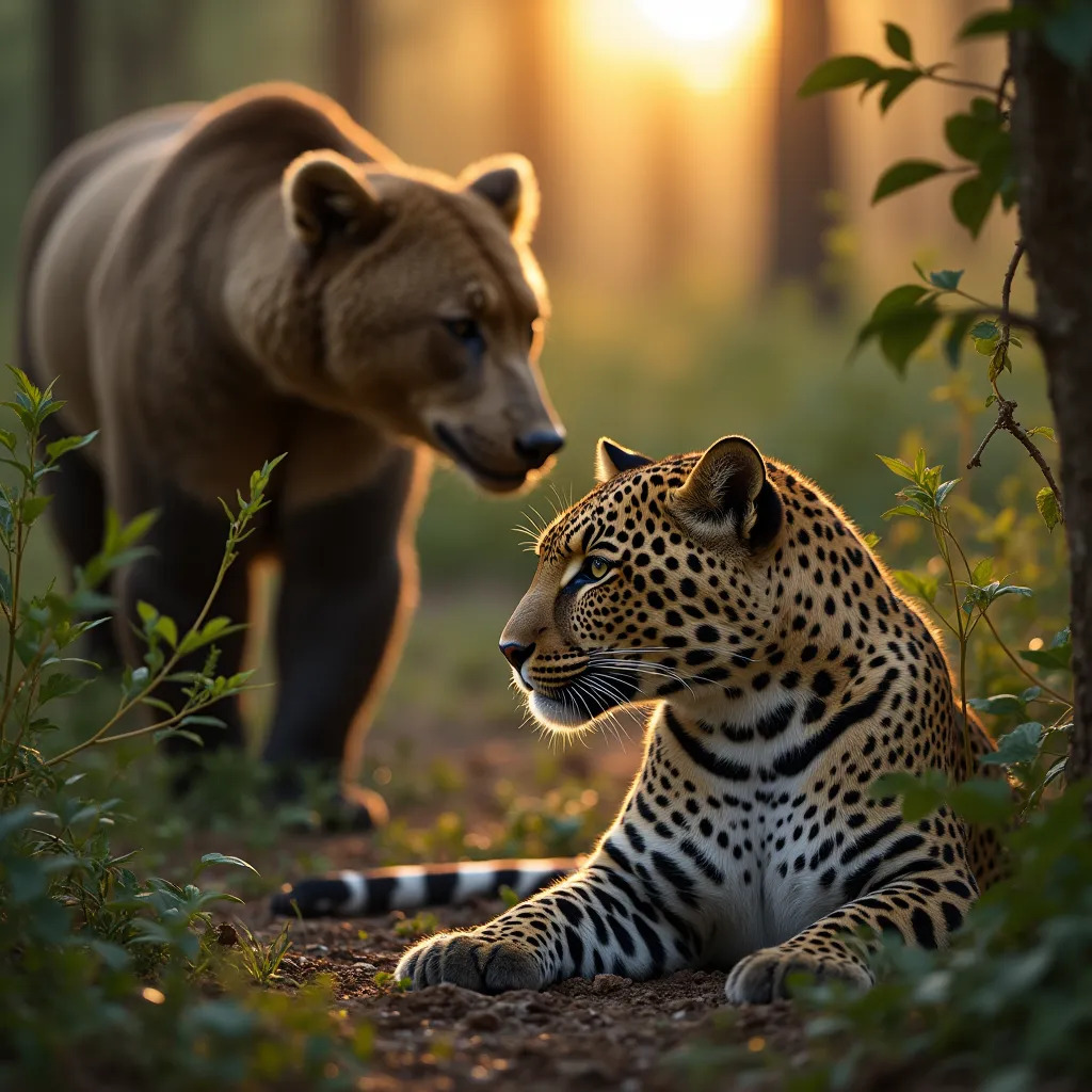In the heart of a sequestered, untamed wilderness, a stealthy leopard sets its piercing gaze on its impending dinner - an unsuspecting lone bear. The leopard, a master of camouflage and ambush, is poised inconspicuously, keenly observing the bear in the fading light of the setting sun. Its tawny golden coat merges with the surrounding foliage, making it almost imperceptible. The air is tense with the leopard's calculated patience and latent energy. 

Barely a few yards away, the oblivious bear continues its meal while its potential predator is biding its time. The bear seems lost in the simplicity of his dinner time routine, relishing the crunchy texture of the tender, lush grass. Dressed in an unruly coat of heavy fur, the bear is a formidable opponent, unscathed and serene - unaware of the danger lurking just a leap away.

Shrouded by the leaves, blending seamlessly with the wilderness, the leopard lays in wait, analyzing every move of the bear, predicting a pattern. It is ready to pounce, muscles tensed, claws sharp and eyes filled with a primal hunger. It simply rests on the ground, allowing the silence to be his accomplice, strategizing the precise moment to strike while the bear remains preoccupied with its own dinner.