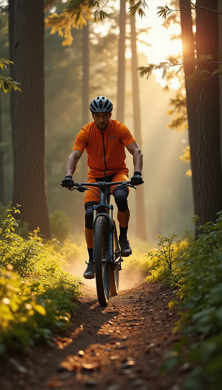 A middle-aged man dressed in a bright cycling suit is riding a mountain bike through a densely wooded trail. The striking sunlight filtering through the towering trees casting long, streaky shadows over him. He is wearing protective gear - a sturdy helmet, knee and elbow pads, and a pair of gloves. Through the winding path, he maneuvers skillfully, his intense focus mirrored in his determined eyes. The fantastically cool wind blusters against his face, making his cycling experience adventurous and exhilarating. His muscular legs pedal rhythmically, each revolution synonymous with the racing pace of his heart. in the style of TOK a trtcrd tarot style