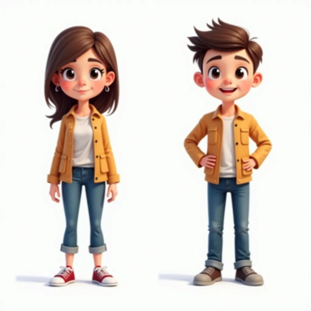 Utilizing the provided image of a female figure as reference, create an equivalent cartoon image of a boy. Pay close attention to features like hair, facial expressions, attire and body shape in order to accurately convert the attributes of the original female figure into a male counterpart while still maintaining a clear resemblance between the two images. Remember to retain the cartoon style in the resulting boy image for consistency.