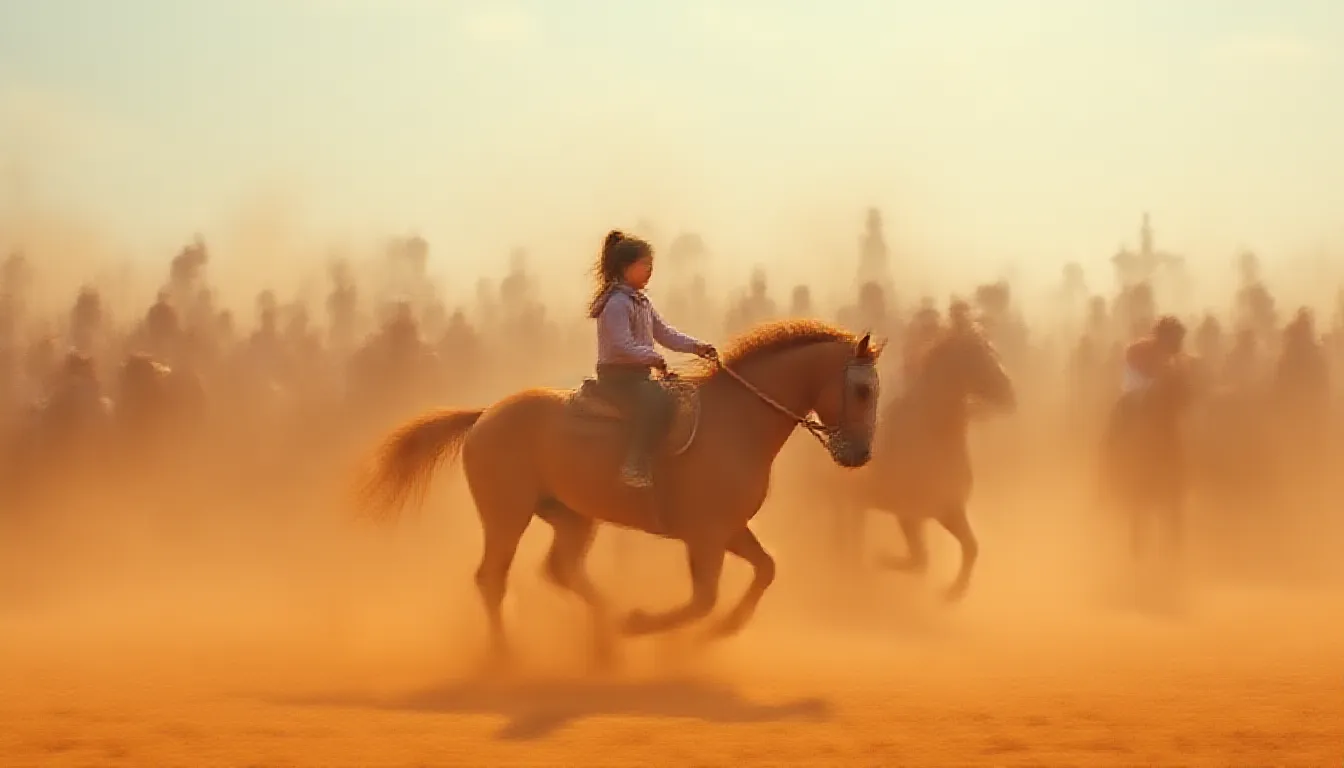 A young girl, her hair tied tightly in a ponytail, is gallantly riding on a majestic, swift horse partaking in a thrilling race. Concealed within a cloud of dust and fervor whilst amidst a multitude of powerful steeds and determined riders, she stands resolute, filled with unbridled determination. The thunderous applause from the spectators fills the air, but she remains unfazed, her focus solely on the finish line ahead, promising glory and victory. The sun shines brightly casting long racing shadows on the track, reflecting the intense atmosphere of this gripping equestrian event.