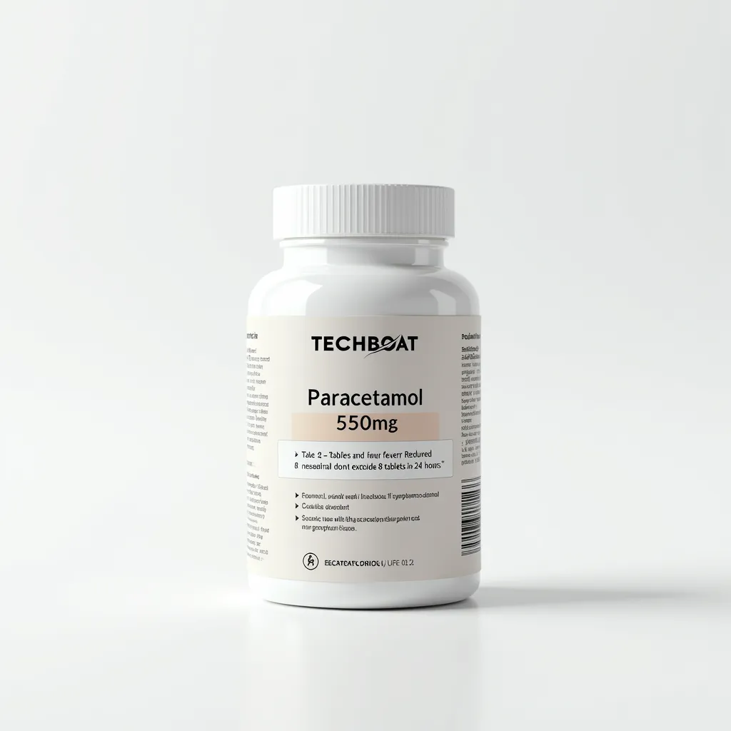 A sleek medical supplement bottle for paracetamol on a white background. The bottle features the text logo 'TECHBOAT' at the top in a clean font. The label includes clear and detailed information: 'Paracetamol 550mg' prominently displayed, followed by 'Pain Reliever and Fever Reducer.' Dosage instructions such as 'Take 1-2 tablets every 6 hours as needed. Do not exceed 8 tablets in 24 hours.' Warnings like 'Keep out of reach of children,' 'Consult a doctor if symptoms persist,' and 'Do not use with other acetaminophen products.' Additional details include storage instructions, 'Store in a cool, dry place,' and a barcode at the bottom. The design is minimalistic with a white and subtle accent color scheme. Soft lighting highlights the bottle, giving it a professional and premium look.