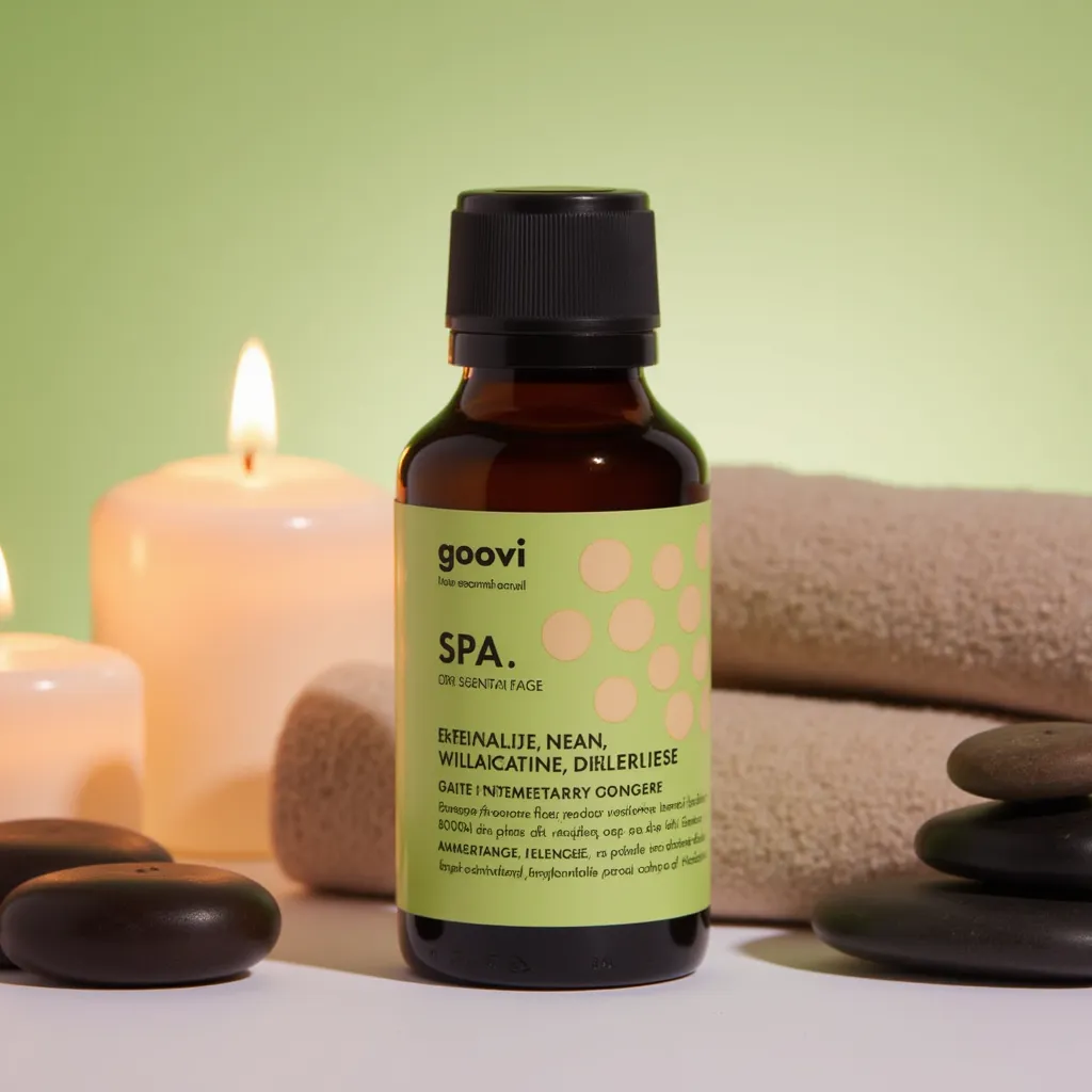 GOOVI essential oil bottle with a serene spa vibe, surrounded by candles, stones, and a towel, promoting relaxation and wellness.