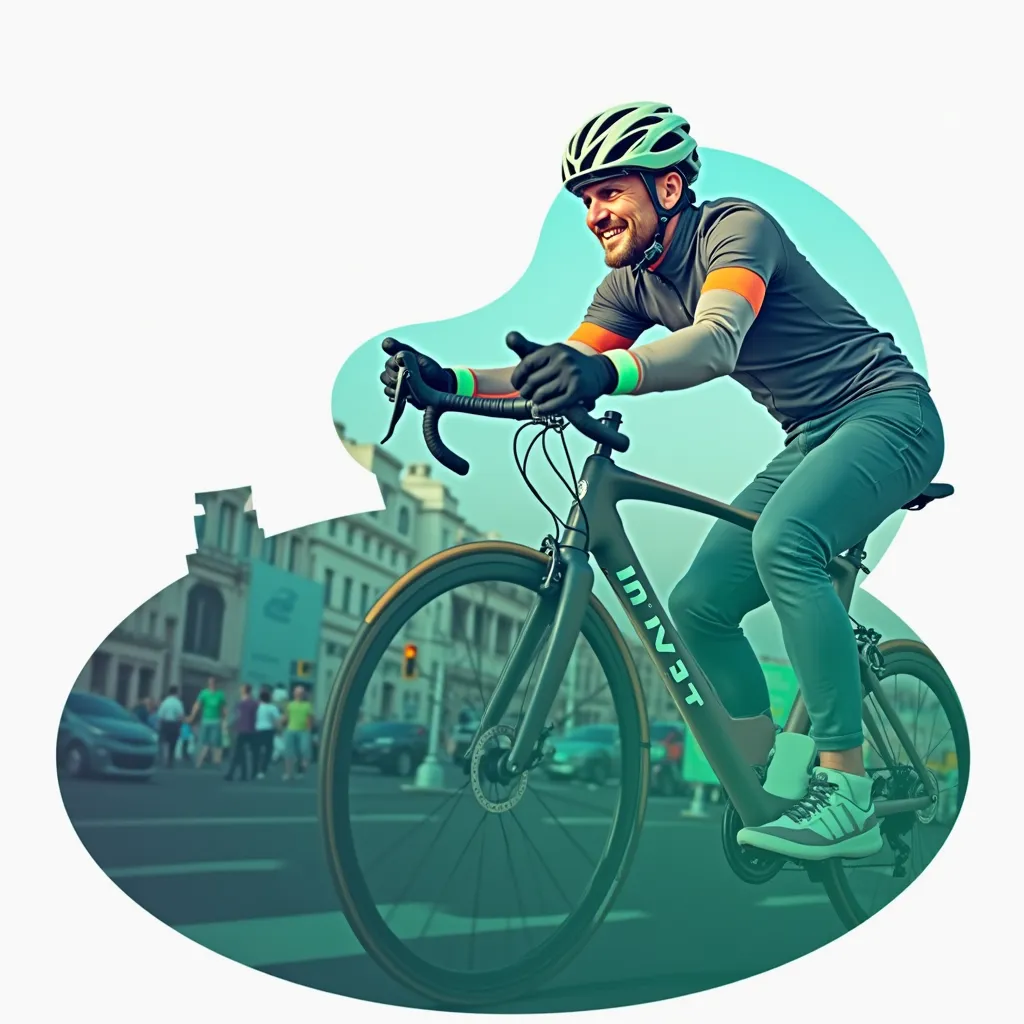 A middle-aged man, donned in a brightly colored helmet and reflective biking gear, energetically pedals his way through a bustling city street on a sleek, modern bicycle. His eyes gleam with determination and a joyous smile is spread across his face, reflecting the exhilaration he experiences from his daily cycling routine. Despite the urban noise all around him, there's a certain calmness that prevails as he maintains his focus, expertly navigating through the intricate weave of pedestrians and traffic.