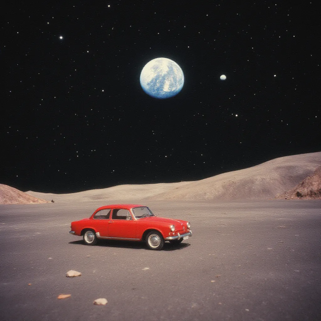 photograph, background of Earth from space, red car on the Moon watching Earth, retrofuturism