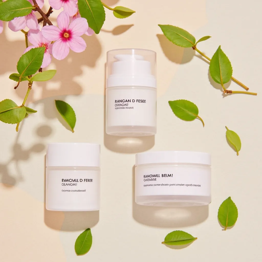 skincare products surrounded by cherry blossoms and fresh green leaves, on a pastel-colored cloth, with soft sunlight emphasizing the freshness of spring.