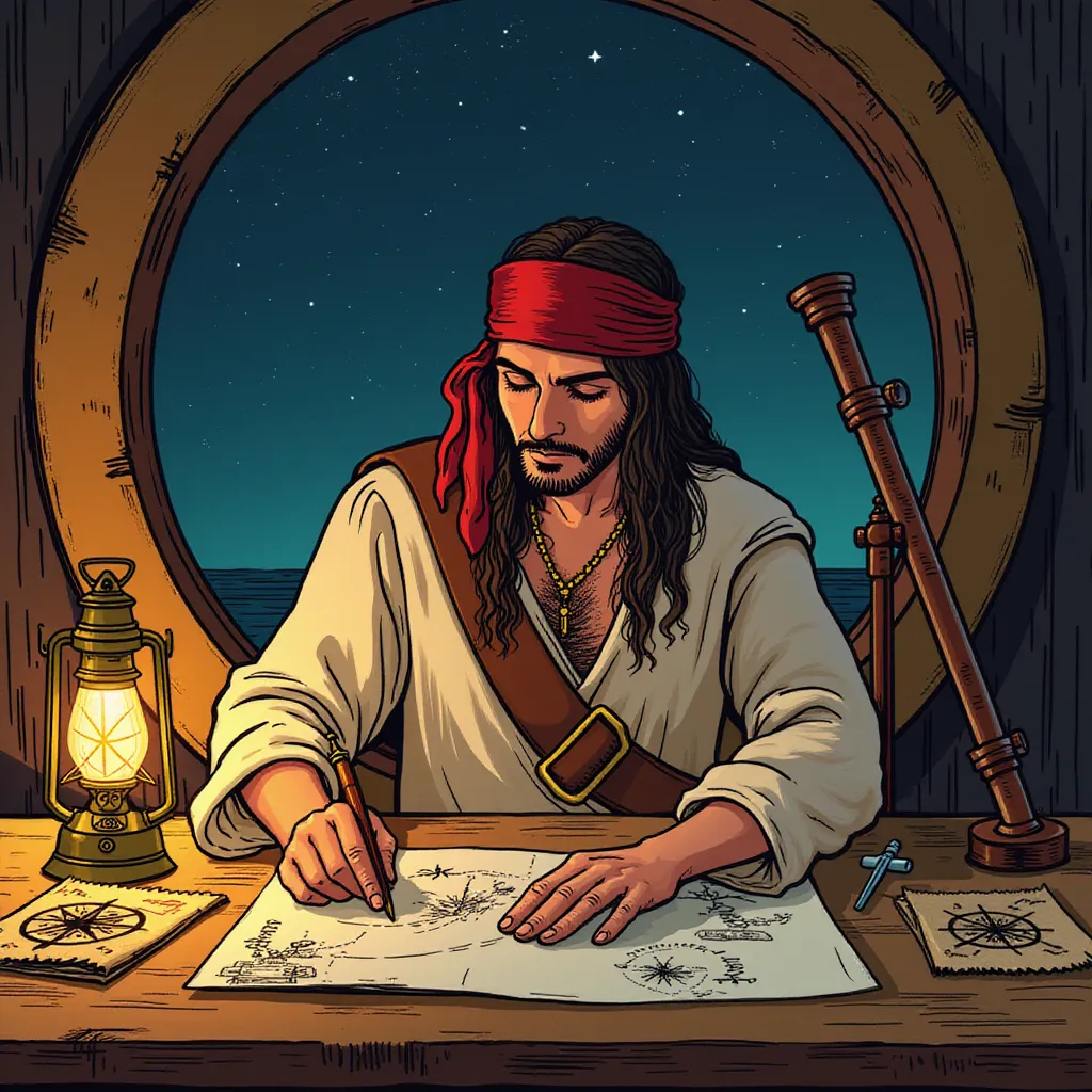 A skilled pirate navigator sitting at a wooden table covered with maps, compasses, and a glowing lantern. The character is focused, using a compass to mark a route on the map. Wearing a loose shirt with rolled-up sleeves and a bandana around their head, with a telescope resting nearby. Behind them, a starry night sky is visible through a circular window. in the style of TOK a trtcrd tarot style