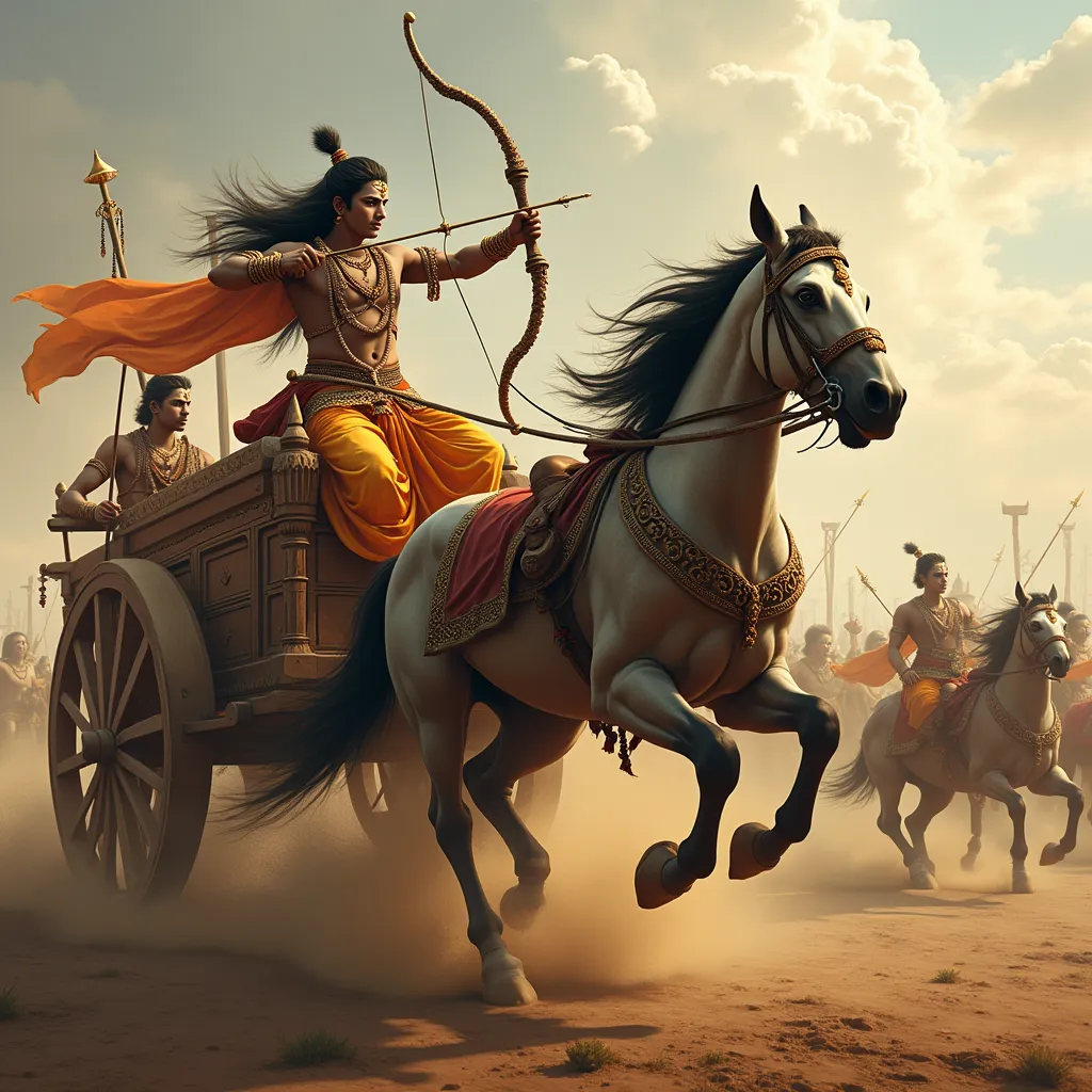 A descriptive image of Shree Krishna and Arjuna during the epic Mahabharata war. The image presents a vivid scene where Shree Krishna is in charge of steering the chariot, or 'rath', with utmost agility and mastery. Seated at the front of the 'rath', He exhibits a calm and fearless demeanor. Meanwhile, Arjuna, the archer prince, stands tall at the back of the chariot. He is captured in the midst of a ferocious fight against his adversaries, the Kauravas. The intensity of battle and the stalwart camaraderie between Shree Krishna and Arjuna are the main highlights of the image, echoing the iconic Bhagavad Gita scene. Arjuna, filled with determined valor, is completely engrossed in the war, showcasing his exceptional archery skills, while Krishna balances the momentum guiding the chariot through the war chaos.