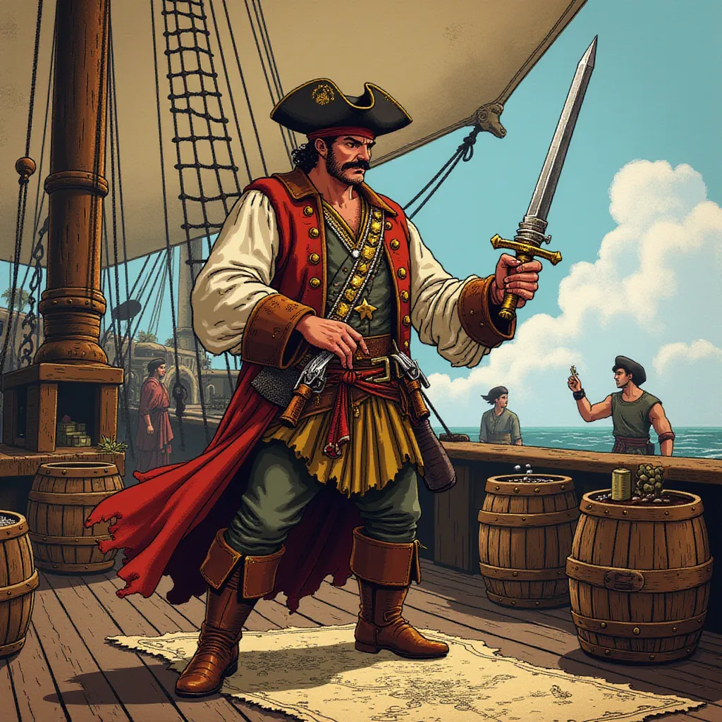 A fiercely determined pirate quartermaster, cloaked in the long shadow of the towering mast, stands solemnly on the weathered wooden deck of a mighty and well-managed 18th-century galleon. Assertively pointing towards an intricately illustrated treasure map with his sunburnt, calloused hand, while in the other, he firmly brandishes an impeccably polished steel sword that glints menacingly under the tropical sun. His outfit is a charismatic blend of function and intimidation, featuring a worn, mahogany leather vest heavily laced with gold, a sturdy and intricately crafted belt housing a pair of vintage wheellock pistols, and a pair of weathered yet unbowed boots, every element narrating a story of countless skirmishes and endless sea voyages.

His facial expression is unyielding and calculating, eyes narrowed evidently demonstrating a wit as sharp as his sword and leadership qualities that have been honed by countless encounters with the unpredictable sea and ruthless adversaries. His chevron mustache frames a stern mouth, whispering tales of the numerous battles he's fought and the countless challenges he's overcome.

As the quintessential seafaring backdrop, wooden barrels filled with crucial sea voyage supplies like hardtack, rum, and gunpowder are neatly stacked behind him. Scruffy and rugged crewmen, their faces weathered from the harsh kisses of seawater and sun, busily scuttle about their duties, their actions a harmonious dance of purposeful chaos. The scene is filled with the grating sound of ropes against pulleys and the rhythmic lapping of waves against the hull, all painting a vivid and vibrant picture of seafaring life under the able guidance of the underappreciated yet crucial role of the pirate quartermaster. in the style of TOK a trtcrd tarot style