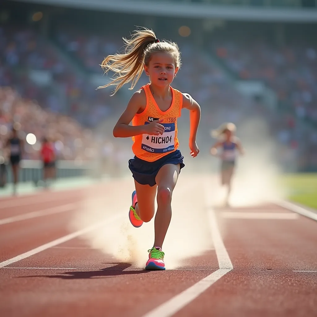 A young girl energetically running on a well-trodden athletic track, her ponytail swaying rhythmically with each stride she takes. The roar of the crowd around the arena fades into a subtle hum as she focuses on the finish line just meters away. Dressed in a vibrant running attire, and her feet clad in neon running shoes, she kicks up a flurry of dust as she pushes forward on the gravel track, her determined face reflecting the intense passion she holds for the sport.