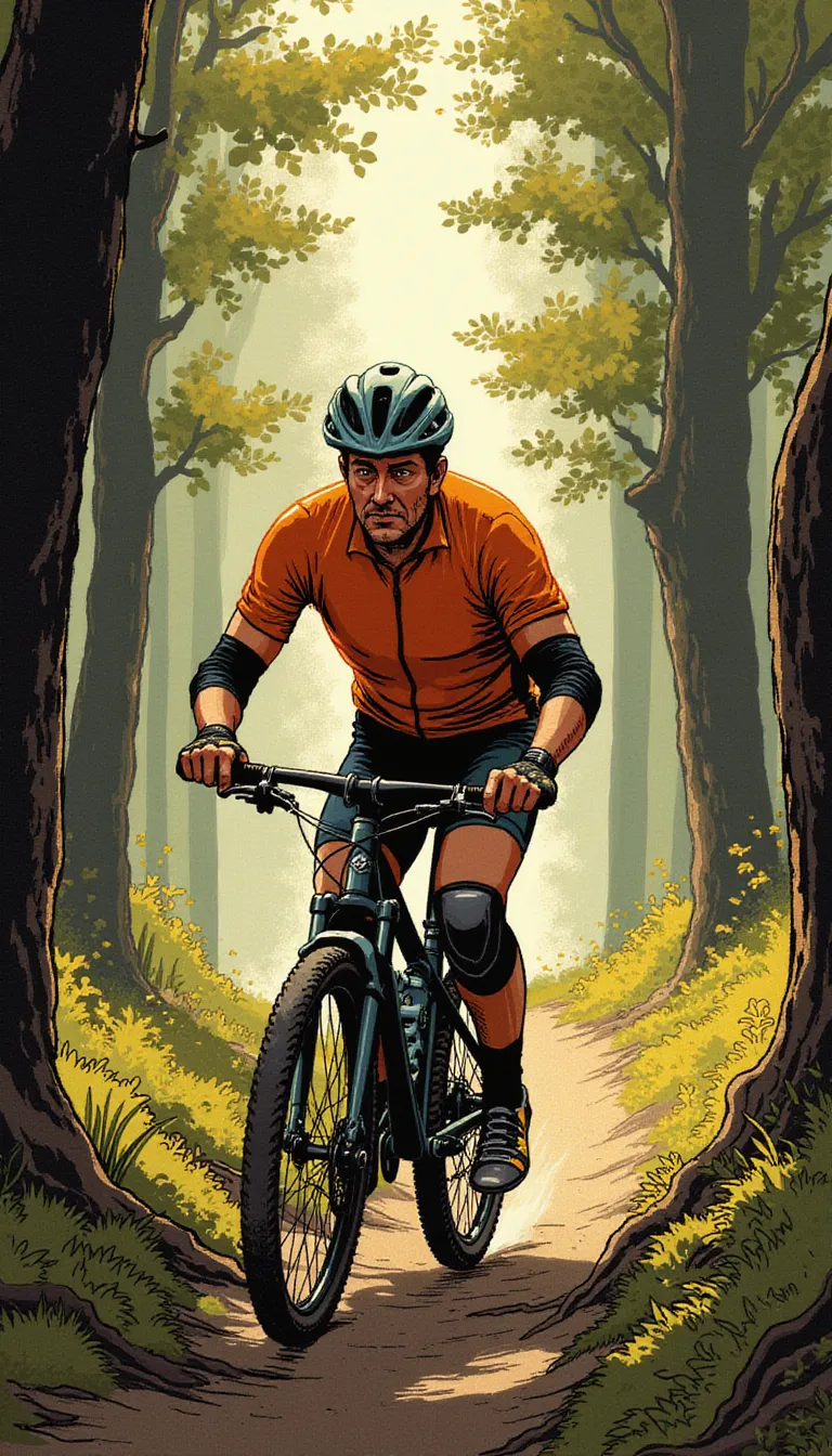 A middle-aged man dressed in a bright cycling suit is riding a mountain bike through a densely wooded trail. The striking sunlight filtering through the towering trees casting long, streaky shadows over him. He is wearing protective gear - a sturdy helmet, knee and elbow pads, and a pair of gloves. Through the winding path, he maneuvers skillfully, his intense focus mirrored in his determined eyes. The fantastically cool wind blusters against his face, making his cycling experience adventurous and exhilarating. His muscular legs pedal rhythmically, each revolution synonymous with the racing pace of his heart. in the style of TOK a trtcrd tarot style