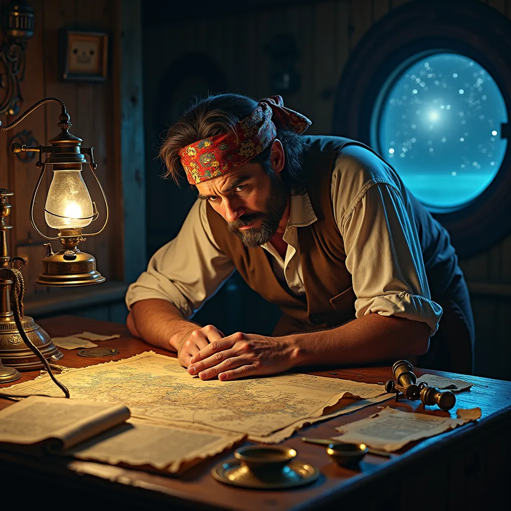 In the more detailed scene, a highly experienced pirate navigator with a seasoned disposition finds himself engrossed in strategic planning amidst his private quarters of the ship. Illuminated by the soft, warm, flickering glow emanating from an ancient, oil-burning lantern, he hunches over a large, well-worn wooden table that dominates the chamber. 

The table is draped with numerous faded maps, each a testament to the countless marauders conducted by our protagonist. Amid the scattered cartographic chaos, there are ornate brass compasses and sextants. One can almost perceive the whispers of previous escapades echoing from these indispensable tools.

The navigator, his eyes gleaming with resolution, is clad in a loose-fitting, worn-out linen shirt. Its sleeves are casually rolled up, baring sinewy, tanned forearms which exhibit the resilience invoked by years at the wind-tossed sea. A colorful bandana, a montage of the many places and cultures he's encountered, is wrapped casually yet promptly around his weathered, salt-encrusted hair.

Balanced precariously at the corner of the table, a reliable, polished brass telescope rests it has been his trusted guide in uncharted areas and perilous voyages. Behind the navigator, a star-lit night casts a mesmerizing view through a round, ruggedly clean porthole, its light bathing the otherwise dim cabin in an ethereal glow. This image, however, is only captured from the waist up, capturing the navigator's intense concentration, the various maritime paraphernalia, and the enchanting nightscape outside.
