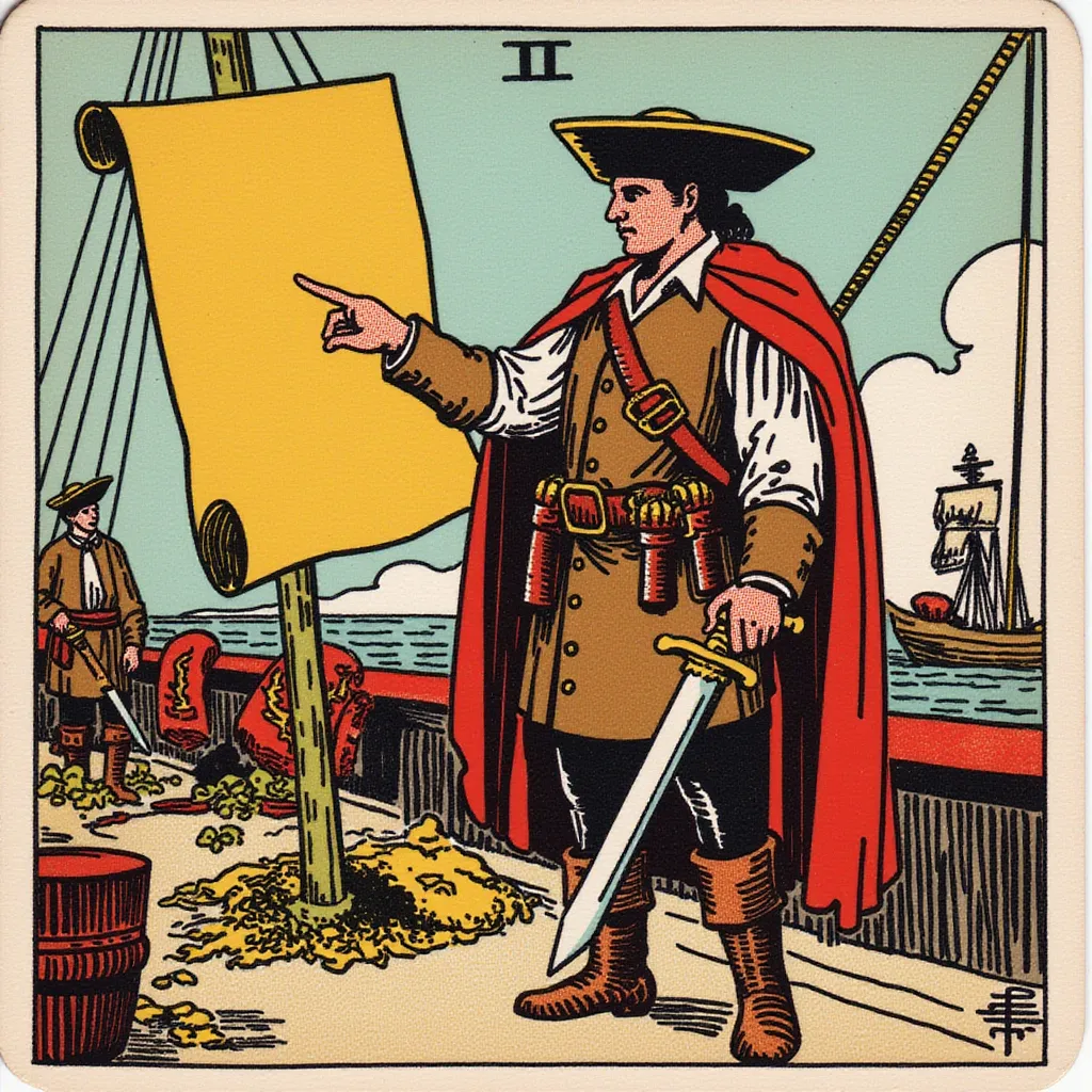 A determined pirate quartermaster standing on the deck, pointing towards a treasure map with one hand while holding a sword in the other. Dressed in a leather vest, belt with pistols, and sturdy boots. The expression is assertive and calculating, showing leadership qualities. The background features barrels of supplies and crew members working in the style of TOK a trtcrd tarot style