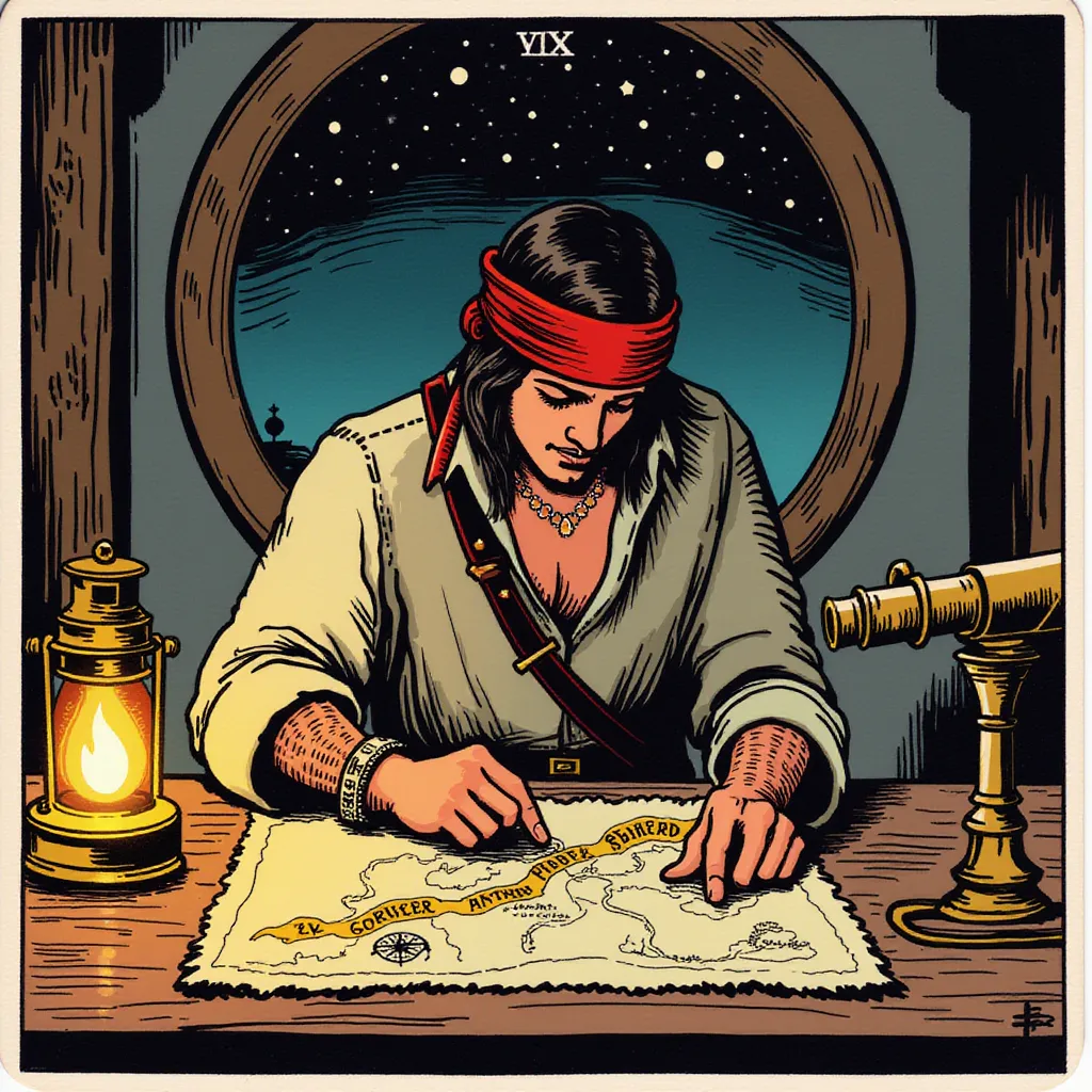 A skilled pirate navigator sitting at a wooden table covered with maps, compasses, and a glowing lantern. The character is focused, using a compass to mark a route on the map. Wearing a loose shirt with rolled-up sleeves and a bandana around their head, with a telescope resting nearby. Behind them, a starry night sky is visible through a circular window. in the style of TOK a trtcrd tarot style