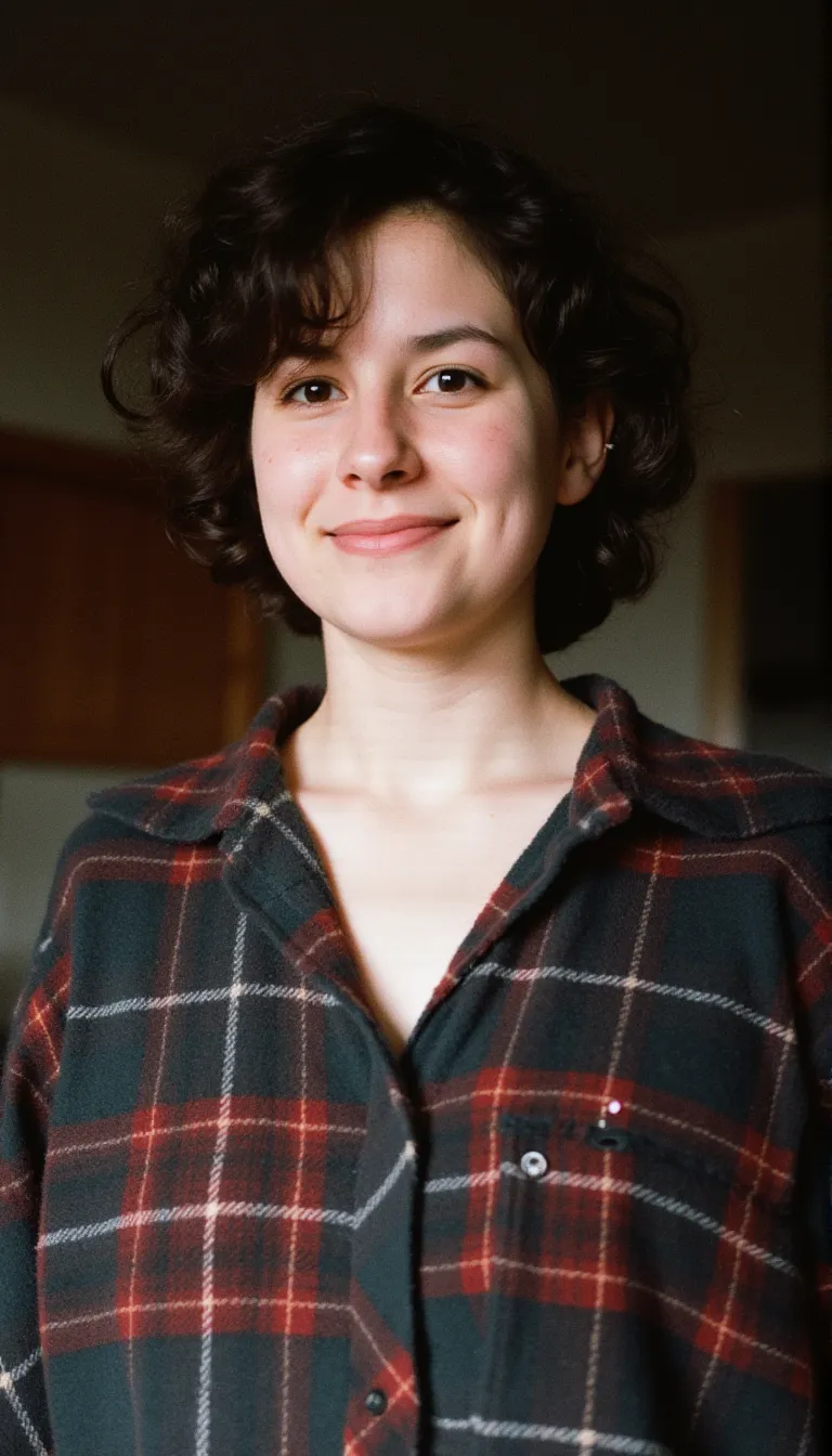 A young woman with tousled hair and minimal makeup, wearing a oversized flannel shirt, looking directly at the camera with a slight smile. The background is slightly out of focus, suggesting a cozy bedroom, kodachrome, flmft style