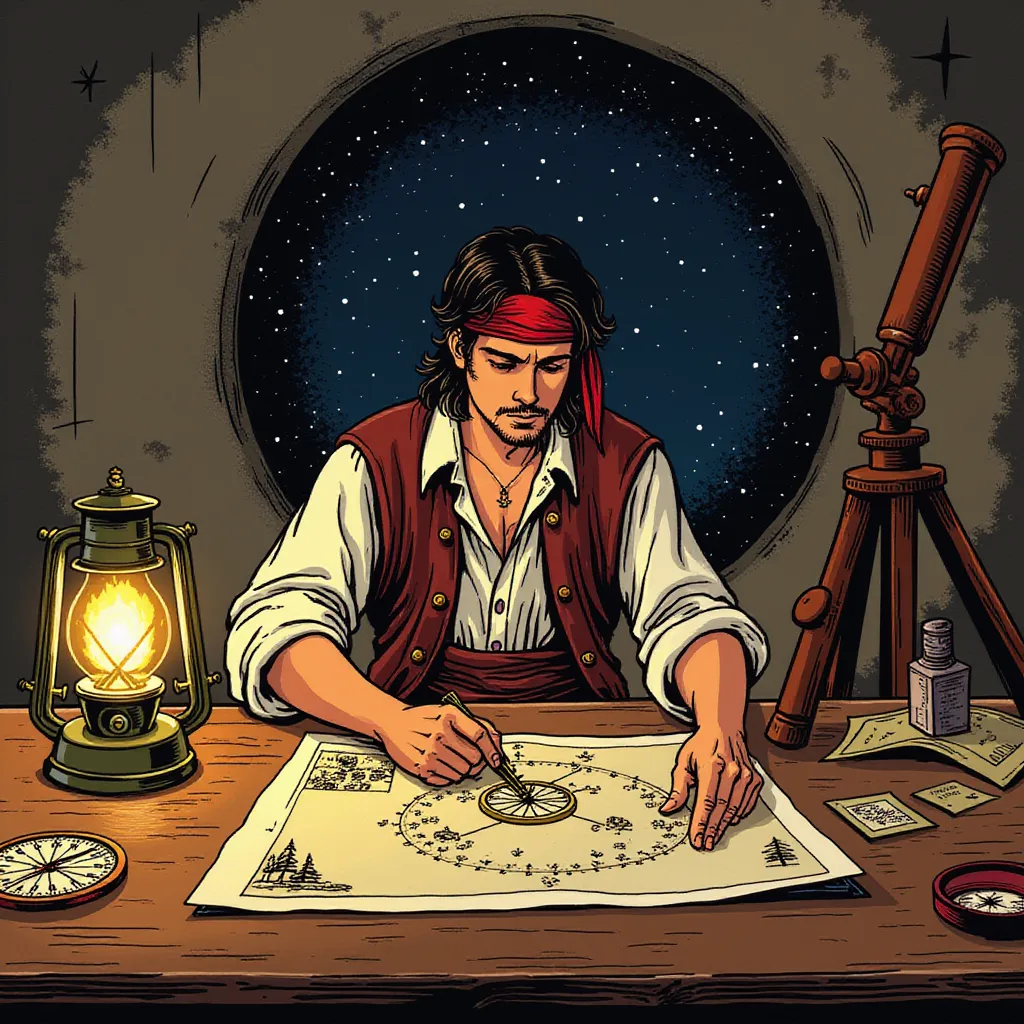 A skilled pirate navigator sitting at a wooden table covered with maps, compasses, and a glowing lantern. The character is focused, using a compass to mark a route on the map. Wearing a loose shirt with rolled-up sleeves and a bandana around their head, with a telescope resting nearby. Behind them, a starry night sky is visible through a circular window. in the style of TOK a trtcrd tarot style