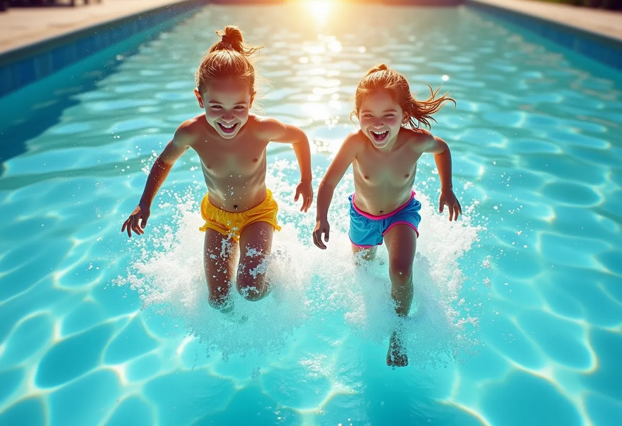 In the radiant brilliance of a sun-drenched day, a spirited young girl and an adventurous boy find themselves at the edge of a glistening swimming pool, laughter echoing around them. The pool's azure water glimmers as it calmly mirrors the clear sky above, reflecting the streaks of white clouds and the golden highlights of the sun. Footsteps interweave with the rhythmic chorus of splashing water, filling the air with delightful chaos and anticipation. Their enthusiastic faces are lit up with exhilarating excitement, their muscles tensed with the imminent triumph of release. Dressed in vibrant, water-appropriate attire, their bodies glisten with droplets of the previous dips they had in the pool. With the spirit of reckless youth fueling them, the pair are captured, mid-stride, sprints morphing into takeoffs as they prepare to dive headlong into the welcoming cool of the swimming pool.