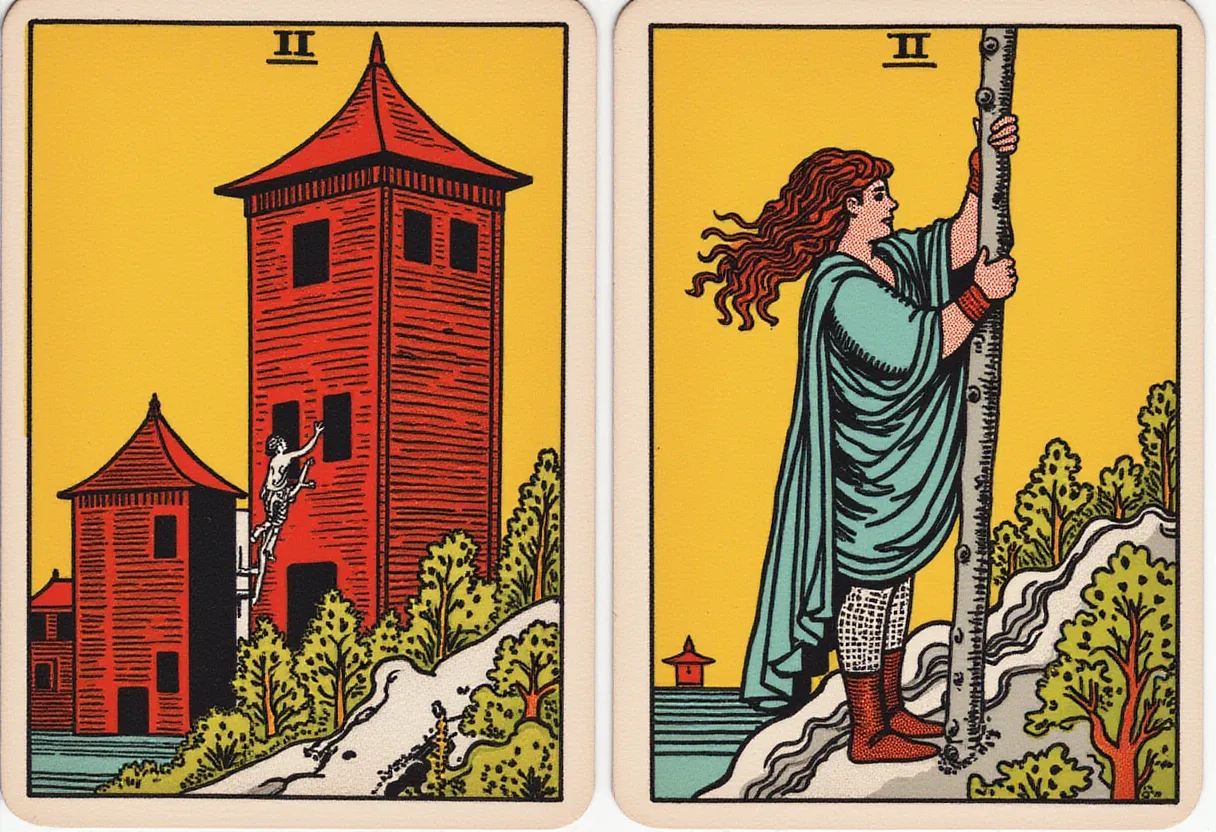 girl climbing an building in the style of TOK a trtcrd tarot style
