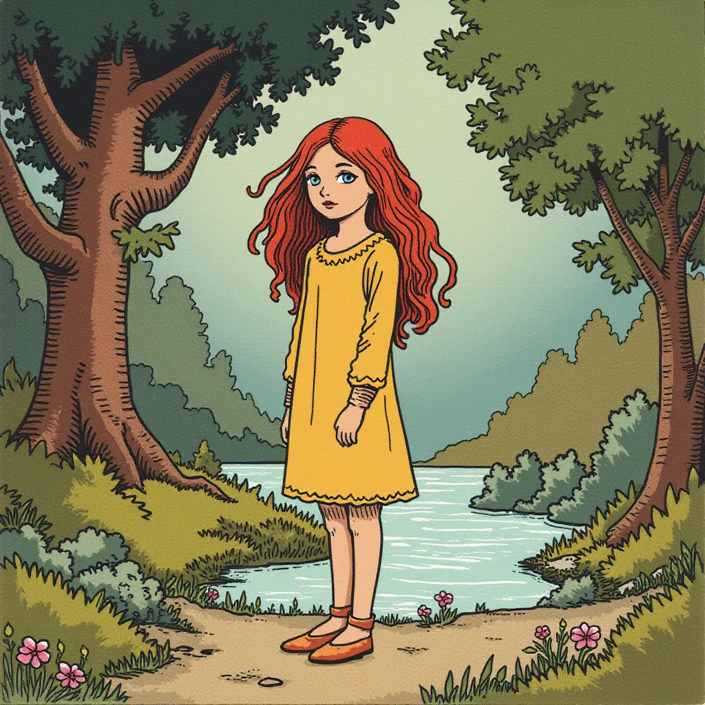 A detailed illustration featuring a beautiful young girl standing alone in an enchanting and serene environment. The girl's unique features, such as her vibrant hair and expressive eyes, should be highlighted with precision. The scenery surrounding her should be aesthetically pleasing, with soft lighting and a harmonious blend of natural elements, such as lush trees and a sparkling stream. The overall mood of the illustration should emanate calmness and tranquility. The use of a color palette that enhances the ambience of the scene and the girl's beauty is highly recommended. The illustration should present a balance between realism and fantasy, thereby inspiring wonder and admiration. in the style of TOK a trtcrd tarot style