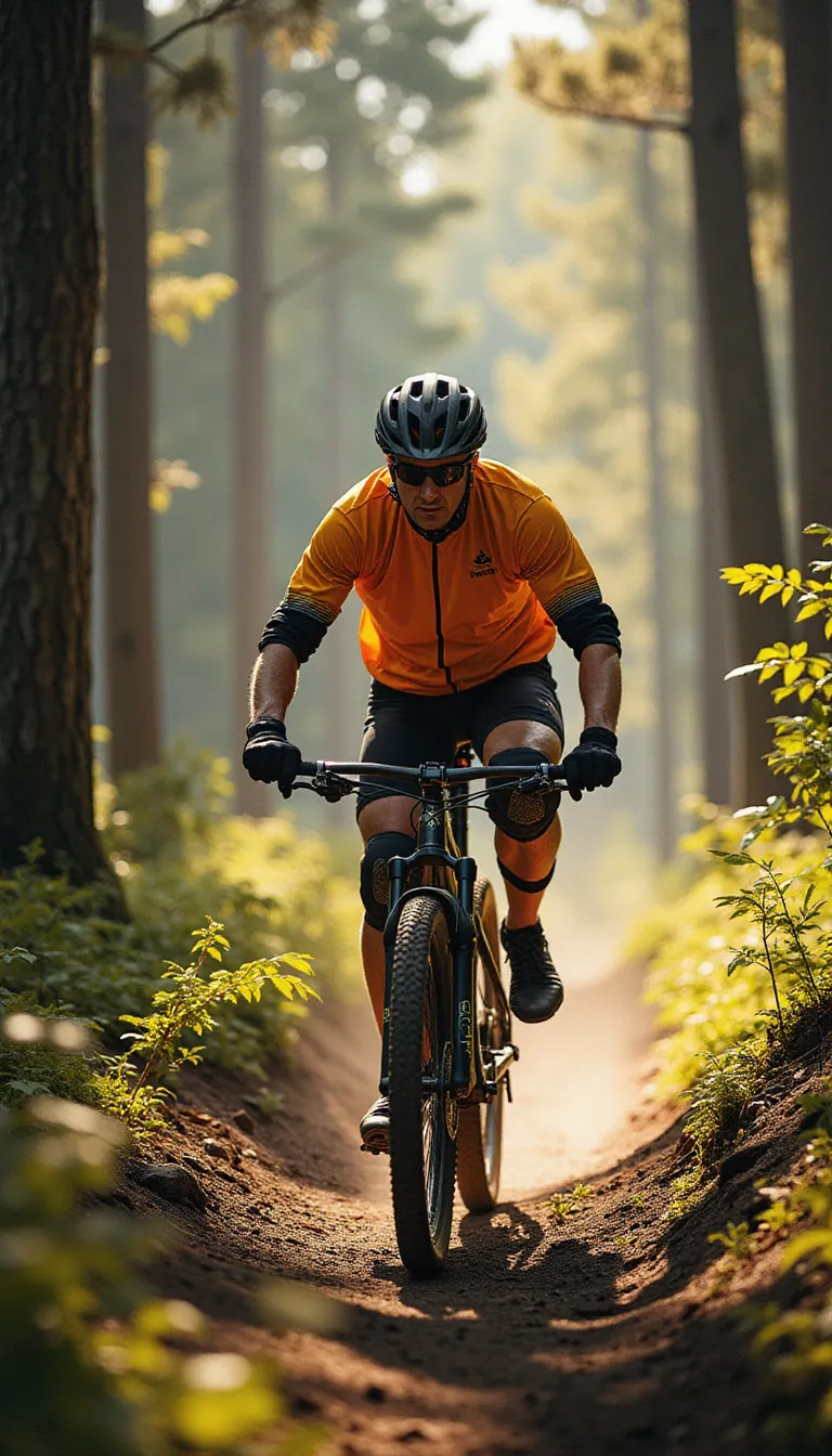 A middle-aged man dressed in a bright cycling suit is riding a mountain bike through a densely wooded trail. The striking sunlight filtering through the towering trees casting long, streaky shadows over him. He is wearing protective gear - a sturdy helmet, knee and elbow pads, and a pair of gloves. Through the winding path, he maneuvers skillfully, his intense focus mirrored in his determined eyes. The fantastically cool wind blusters against his face, making his cycling experience adventurous and exhilarating. His muscular legs pedal rhythmically, each revolution synonymous with the racing pace of his heart. in the style of TOK a trtcrd tarot style