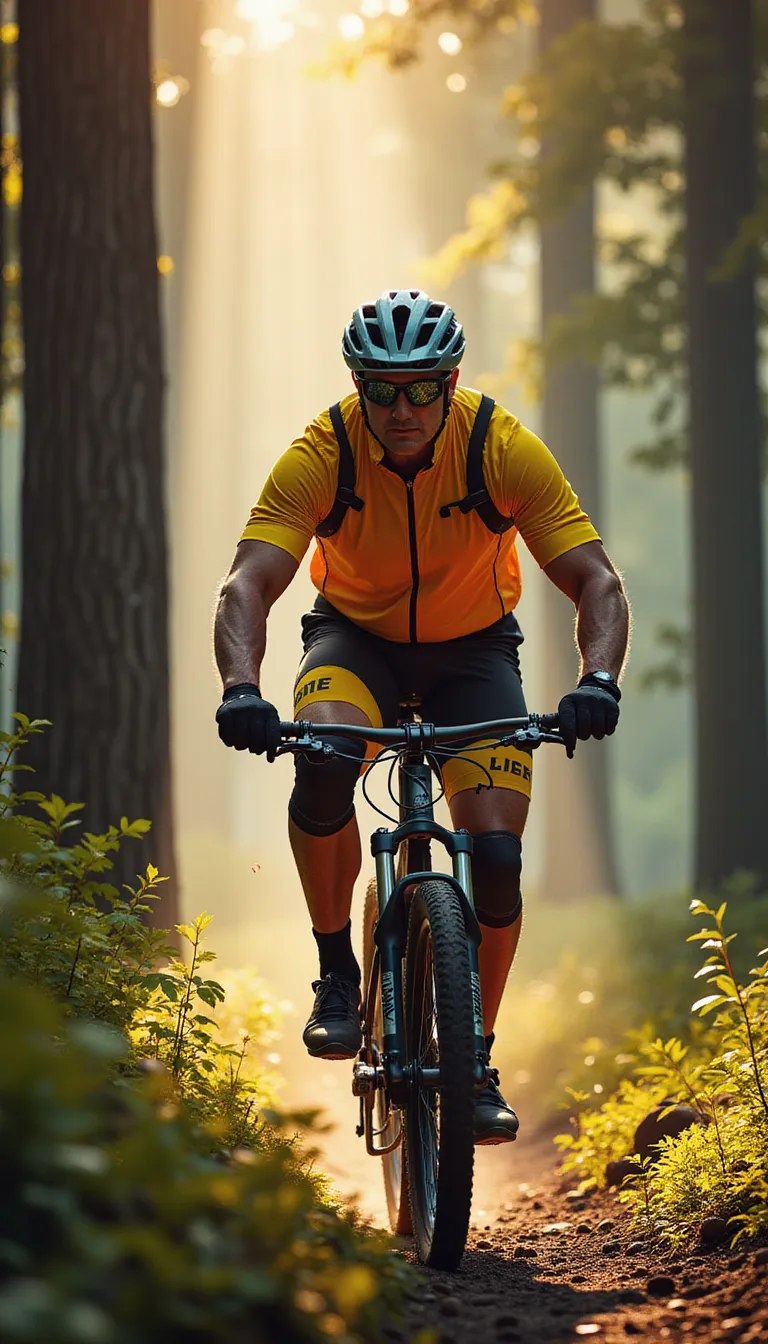 A middle-aged man dressed in a bright cycling suit is riding a mountain bike through a densely wooded trail. The striking sunlight filtering through the towering trees casting long, streaky shadows over him. He is wearing protective gear - a sturdy helmet, knee and elbow pads, and a pair of gloves. Through the winding path, he maneuvers skillfully, his intense focus mirrored in his determined eyes. The fantastically cool wind blusters against his face, making his cycling experience adventurous and exhilarating. His muscular legs pedal rhythmically, each revolution synonymous with the racing pace of his heart. in the style of TOK a trtcrd tarot style