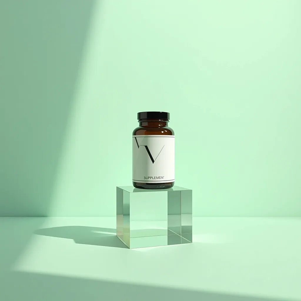 PHOTOGRAPHY: A sleek and modern product photo of a supplement bottle with a light pastel green background. The bottle is styled in an elegant and contemporary setup, placed on a transparent glass pedestal with subtle shadows adding depth. The design is clean, with the label featuring bold, minimalistic typography. Lighting is soft and creates an aesthetic gradient effect. The composition feels professional, artistic, and refined.