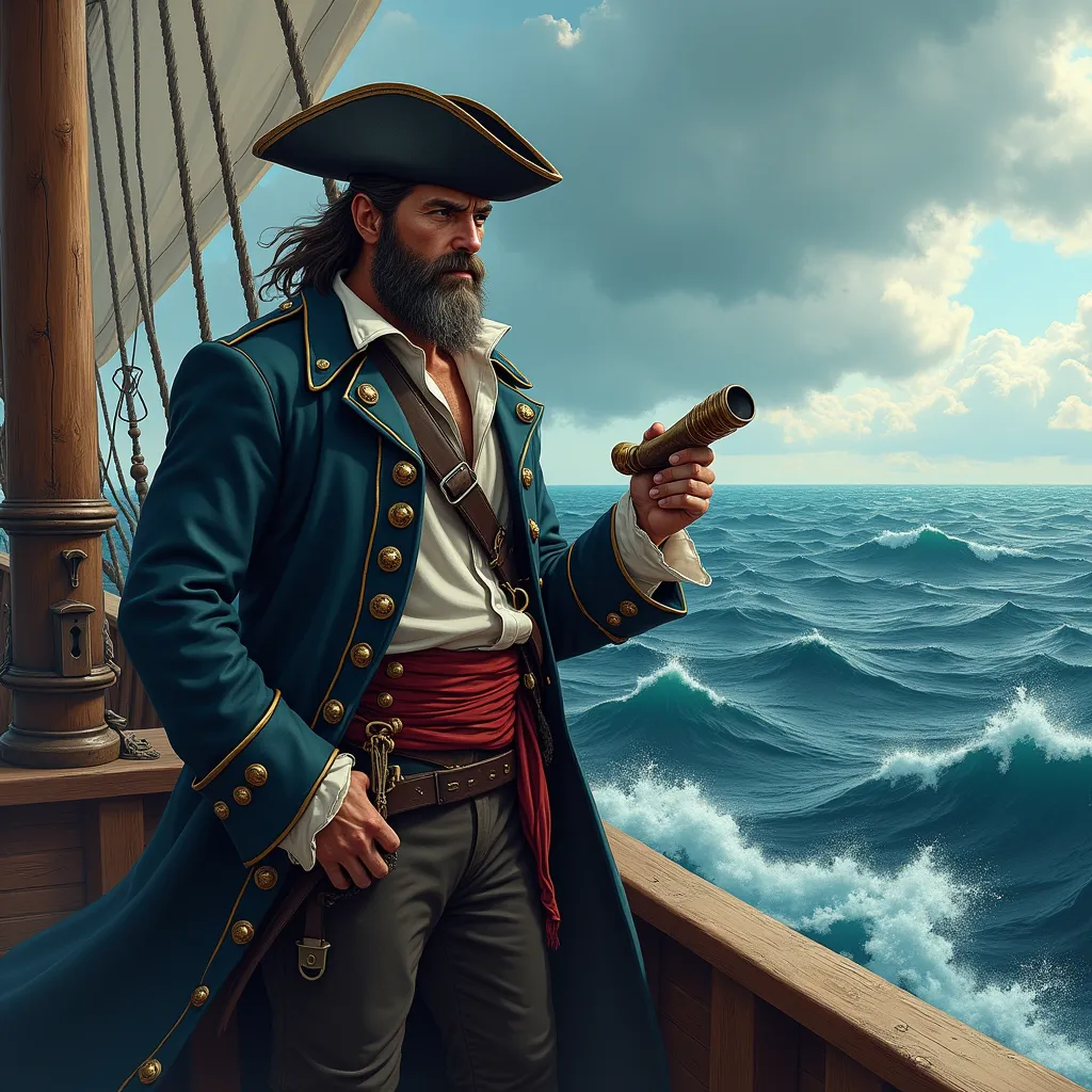 A confident and daring pirate captain, standing resolute on the weathered deck of a grand, centuries-old wooden vessel, is donned in the traditional attire of his high status. His dark, worn tricorn hat sits at a jaunty angle on his head, a symbol of his authority and adventurous spirit. Firmly gripped in one weather-beaten hand, he holds an ornate yet functional spyglass, polished to a gleaming shine, ever ready to scout distant threats or promising possibilities. 

His strikingly stern yet magnetic expression is a captivating mixture of experienced wisdom and tenacity. A rugged beard that hints at many high-seas adventures adds to his charismatic aura, the salt-and-pepper growth standing out against his tanned, weathered face. Cascading over his broad shoulders and billowing in the faint yet whip-like sea breeze is a long, intricately-patterned coat; an elegant embodiment of his audacious lifestyle.

Enveloping this powerful figure is a vast expanse of swirling ocean waves, the frothy whitecaps portraying their own tales of the ruthless and untamed wild sea. In the horizon lays the ominous hint of a storm; menacing cloud formations broiling with potential fury, presenting an intriguing dichotomy of looming danger and exhilarating beauty. All these elements merge to create a tableau that is rendered in flux-style, fusing dynamic realism with impressionistic swirls, thus adding an almost surreal quality to the magnificent maritime scene.