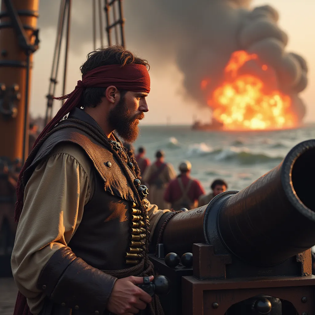 The scene is alive with action as a fierce pirate gunner exhibits their prowess on the bustling deck of a battle-worn ship. A plume of smoke rises as the gunner, a tattered headscarf tied around their head to keep sweat at bay, rapidly loads heavy cannonballs into the monstrous mouth of a cannon with hardened discipline. Their attire is a testament to their status - a weather-beaten, leather vest clings to their upper body, showcasing their muscular figure, while a bandolier, studded with gleaming bullets, adorns their chest, ready for the fight ahead.

The gunner's face is a canvas of intense focus and grim resolve. Beads of sweat trail down their forehead, cutting clean paths through layers of soot and grime. Their eyes, burning with determination, are set firmly on the distant horizon, anxious for the next signal of firing.

The ambience of a raging battlefield consumes the surroundings. More cannons, lined up in strategic arrangements, crowd the deck, their barrels gleaming ominously under the sporadic flash of nearby gunshots. Their boisterous roar punctuating the continuous cacophony of soldiers shouting, iron striking iron, and splitting timber. In the distance, a terrifyingly beautiful sight meets the eyes as numerous explosions light up the twilight, illuminating the incessant waves, turning the sky into an eerie palette of oranges, reds, and blacks - a violent dance of colors deep into the heart of the tempestuous sea battle. in the style of TOK a trtcrd tarot style