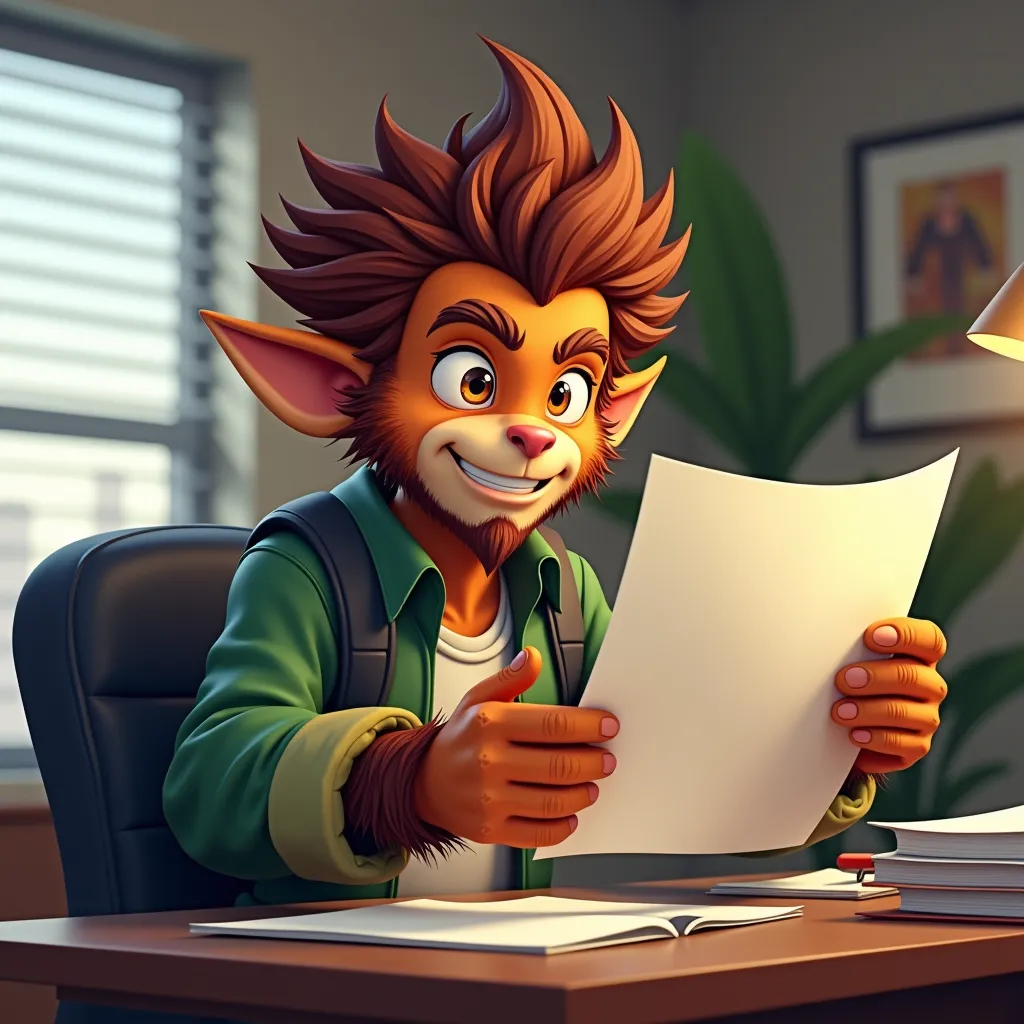 wukong, working in the office, holding a paper that writeen with 'damn,they don't need to work