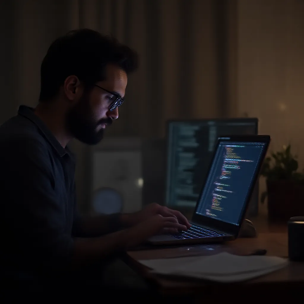 A software developer sits diligently in his private study room, immersed in his task. The room, filled with the warm aroma of freshly brewed coffee, hums quietly with the persistent tapping of keys on his sleek, powerful laptop. The laptop's screen flickers with lines of complex, neatly formatted code; the heartbeat of his masterpiece in progress. This man isn't just coding randomly or idly passing his time. He's sculpting, step by step, the intricate framework for a new website - vizyai.com. His eyes, glazed with focused determination, bounce back and forth between his reference materials and his active workspace. The digital clock to his side ticks rhythmically, marking his dedication and tireless effort. Little by little, with expert precision and passion, the website begins to takes form under the deft maneuvers of his hands.