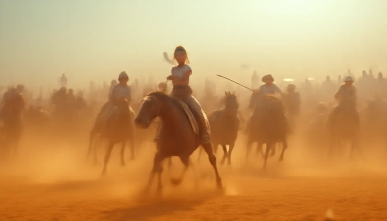 A young girl, her hair tied tightly in a ponytail, is gallantly riding on a majestic, swift horse partaking in a thrilling race. Concealed within a cloud of dust and fervor whilst amidst a multitude of powerful steeds and determined riders, she stands resolute, filled with unbridled determination. The thunderous applause from the spectators fills the air, but she remains unfazed, her focus solely on the finish line ahead, promising glory and victory. The sun shines brightly casting long racing shadows on the track, reflecting the intense atmosphere of this gripping equestrian event.