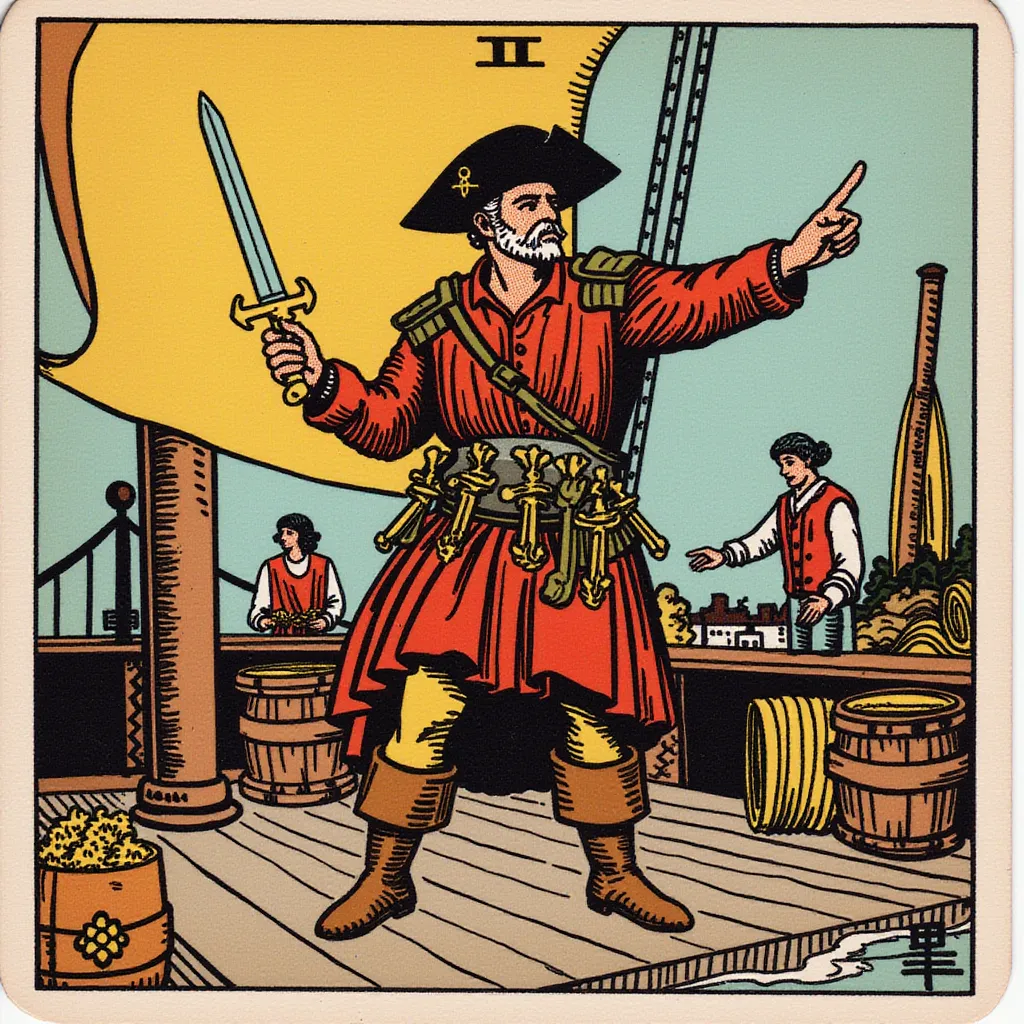 A determined pirate quartermaster standing on the deck, pointing towards a treasure map with one hand while holding a sword in the other. Dressed in a leather vest, belt with pistols, and sturdy boots. The expression is assertive and calculating, showing leadership qualities. The background features barrels of supplies and crew members working in the style of TOK a trtcrd tarot style
