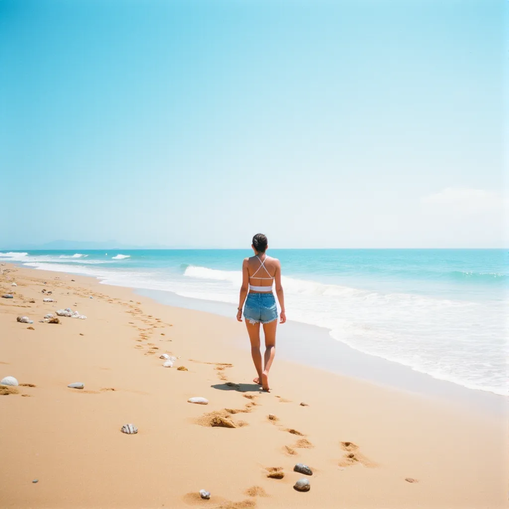 A solitary individual idly wandering along the shore of a virtually deserted, sun-kissed beach. Their footprints in the soft, grainy sand mark their silent, languid progress as they navigate through scattered seashells and debris. Dressed in lightweight summer attire, the intensity of the blazing sun paints their skin in warm hues of pink. Amidst the enormous stretch of the azure ocean and the sky just kissing the horizon, the lightly salty sea breeze lightly tousles their hair. Overwhelmed by the breathtaking expanse of nature, they pause every once in a while, gazing at the seemingly infinite stretch of the ocean, lost in their thoughts and finding solace in the rhythmic lullaby of crashing waves.